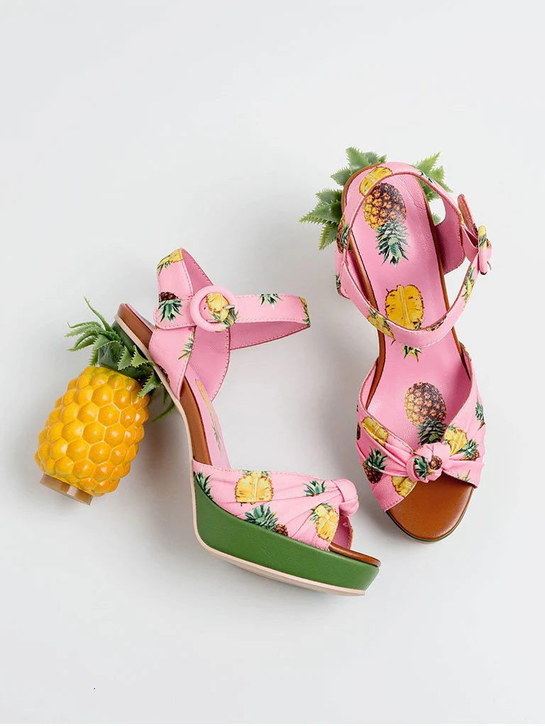 Fruit Heel Pineapple Print Platform Bow Vinatge Sandals