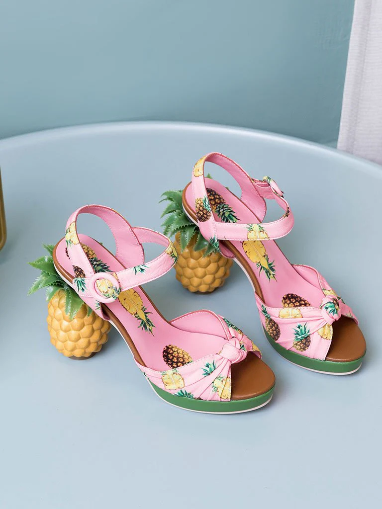 Fruit Heel Pineapple Print Platform Bow Vinatge Sandals