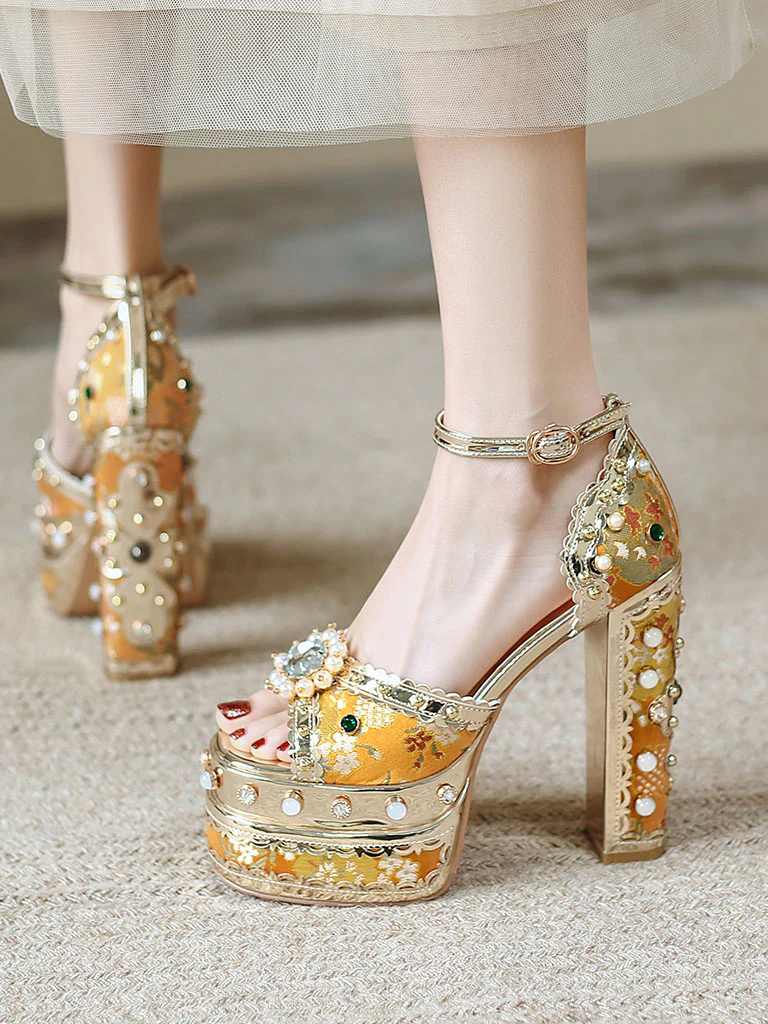 14CM Platform Luxury Flower Chunky Heels Sandals Retro Shoes