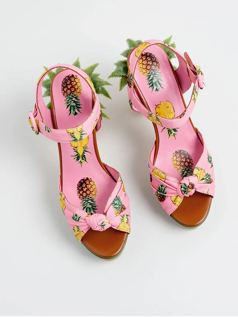 Fruit Heel Pineapple Print Platform Bow Vinatge Sandals