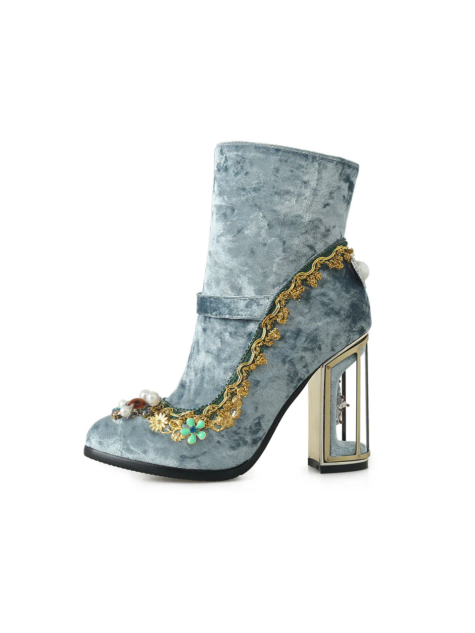 10CM Luxury Velvet Chunky High Heel Bootie Vintage Shoes