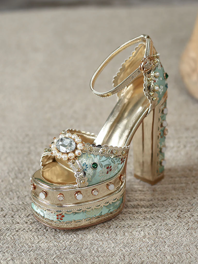 14CM Platform Luxury Flower Chunky Heels Sandals Retro Shoes