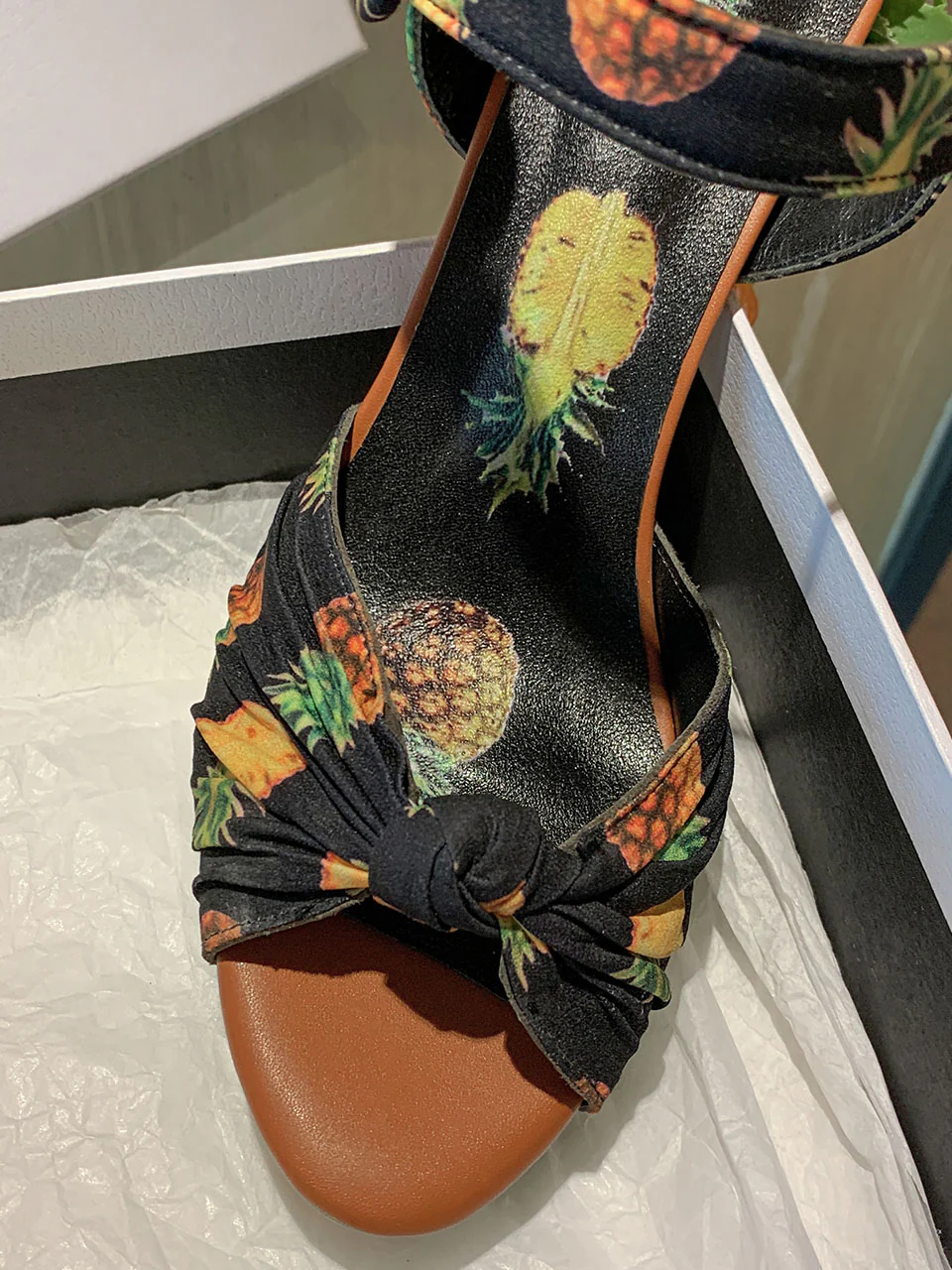 Fruit Heel Pineapple Print Platform Bow Vinatge Sandals