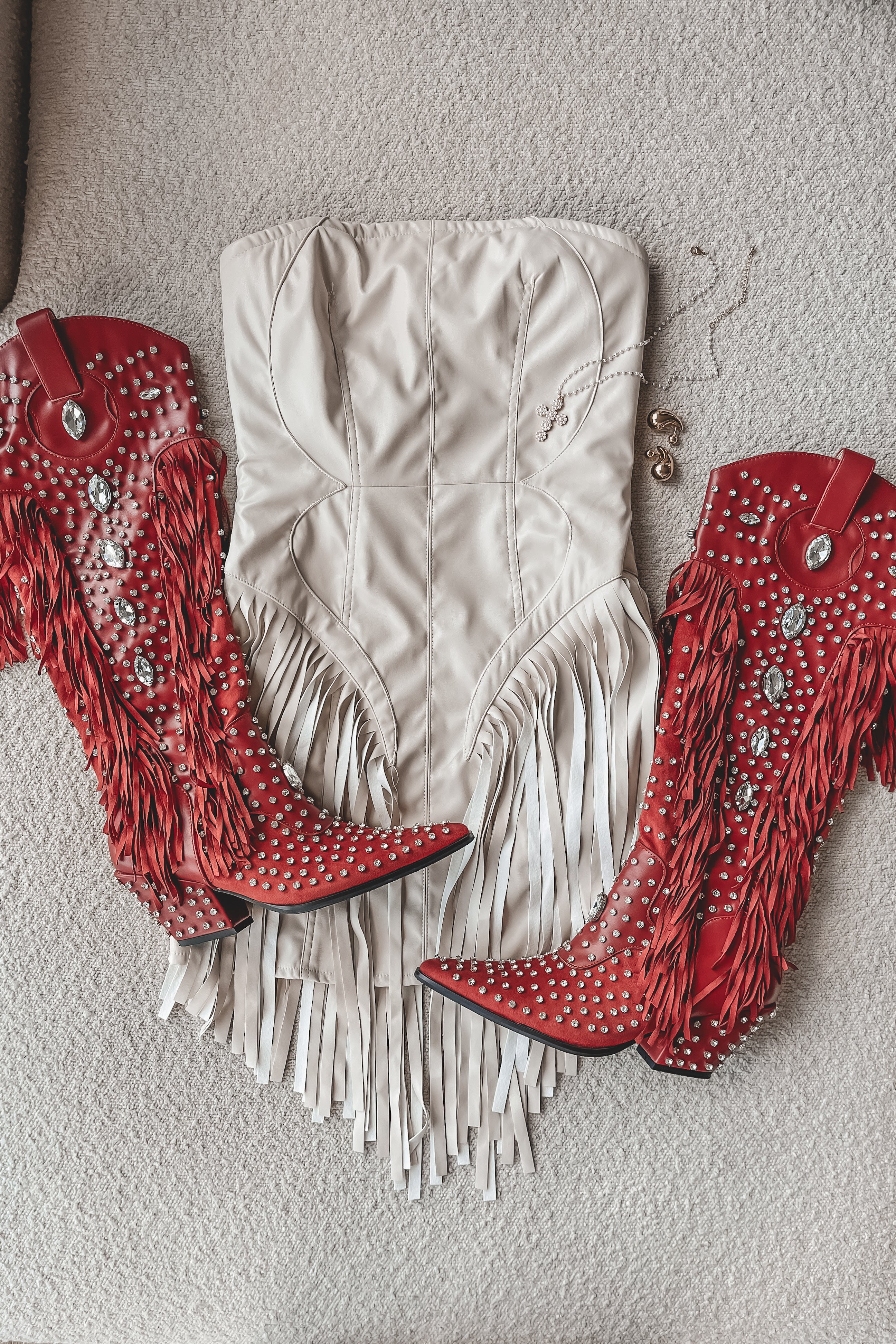 Caught You Staring Burnt Red Rhinestone Studded Fringe Western Boots
