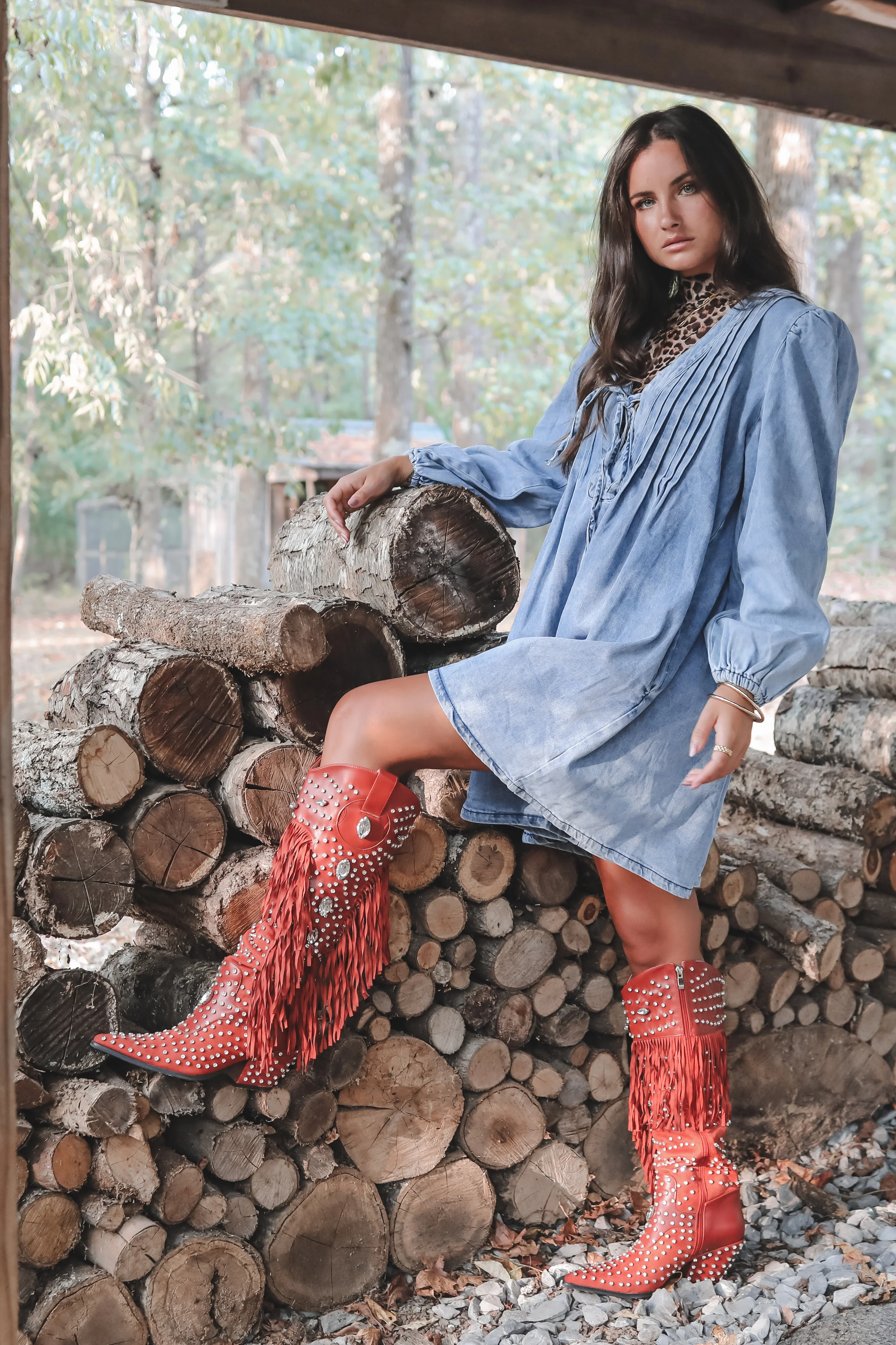 Caught You Staring Burnt Red Rhinestone Studded Fringe Western Boots
