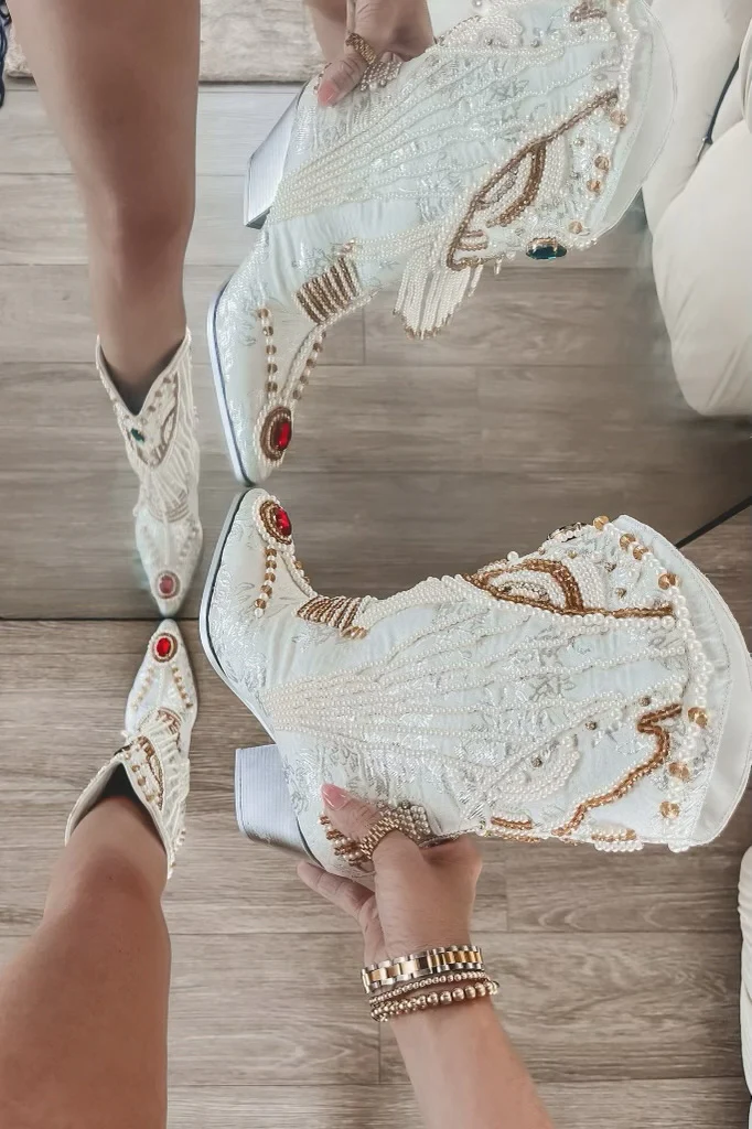 Going To The Chapel Jeweled White Statement Boots