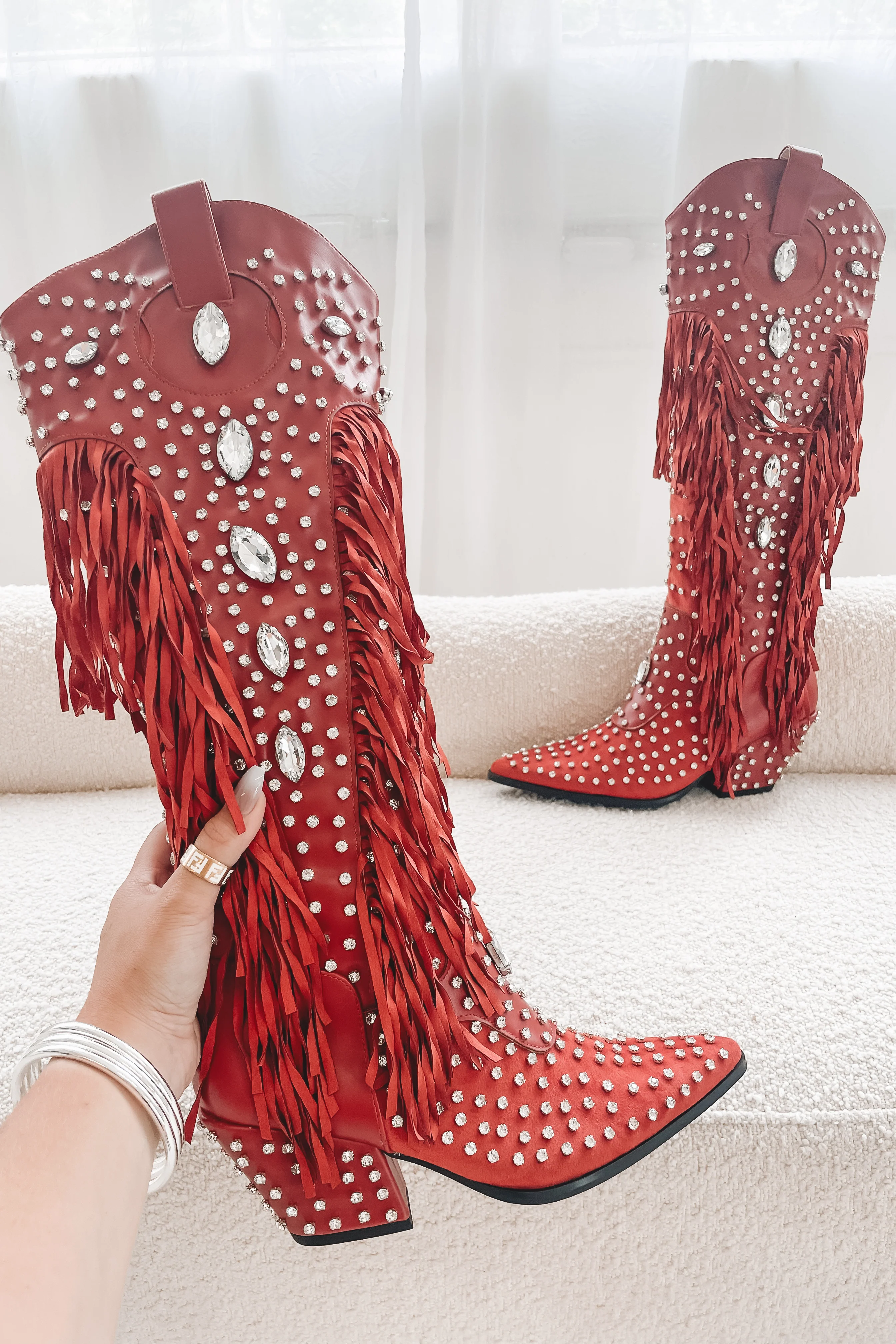 Caught You Staring Burnt Red Rhinestone Studded Fringe Western Boots