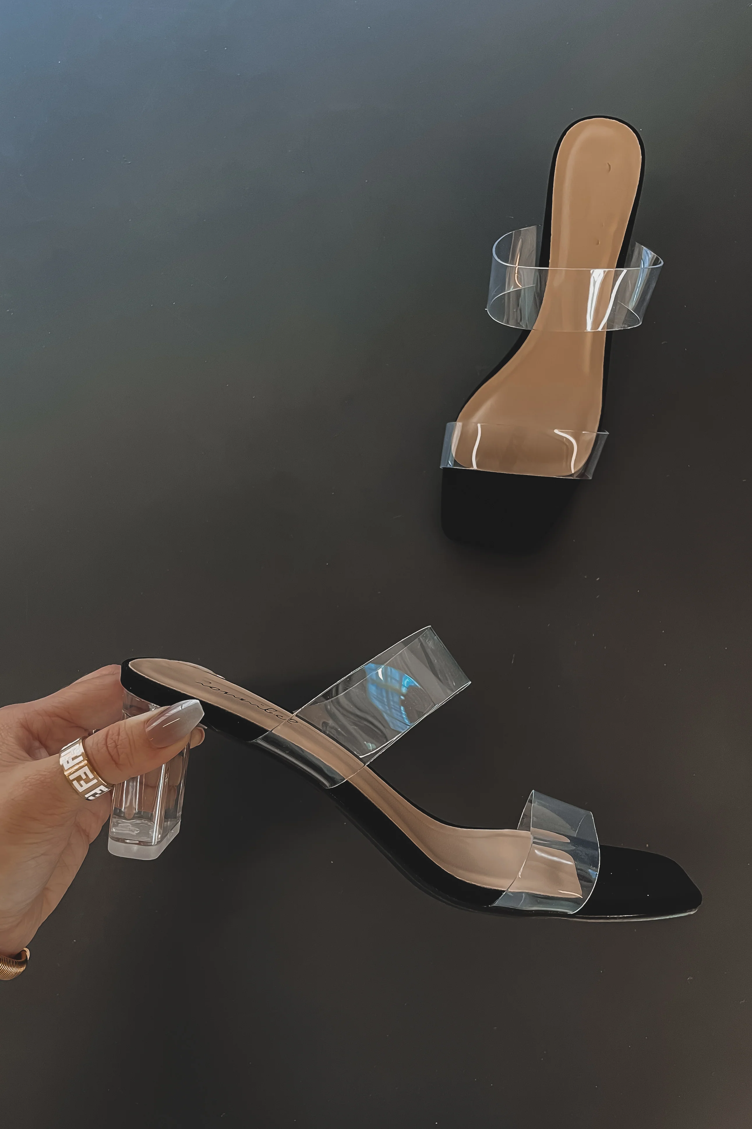 Goes With Everything Clear Strap Slip On Heels