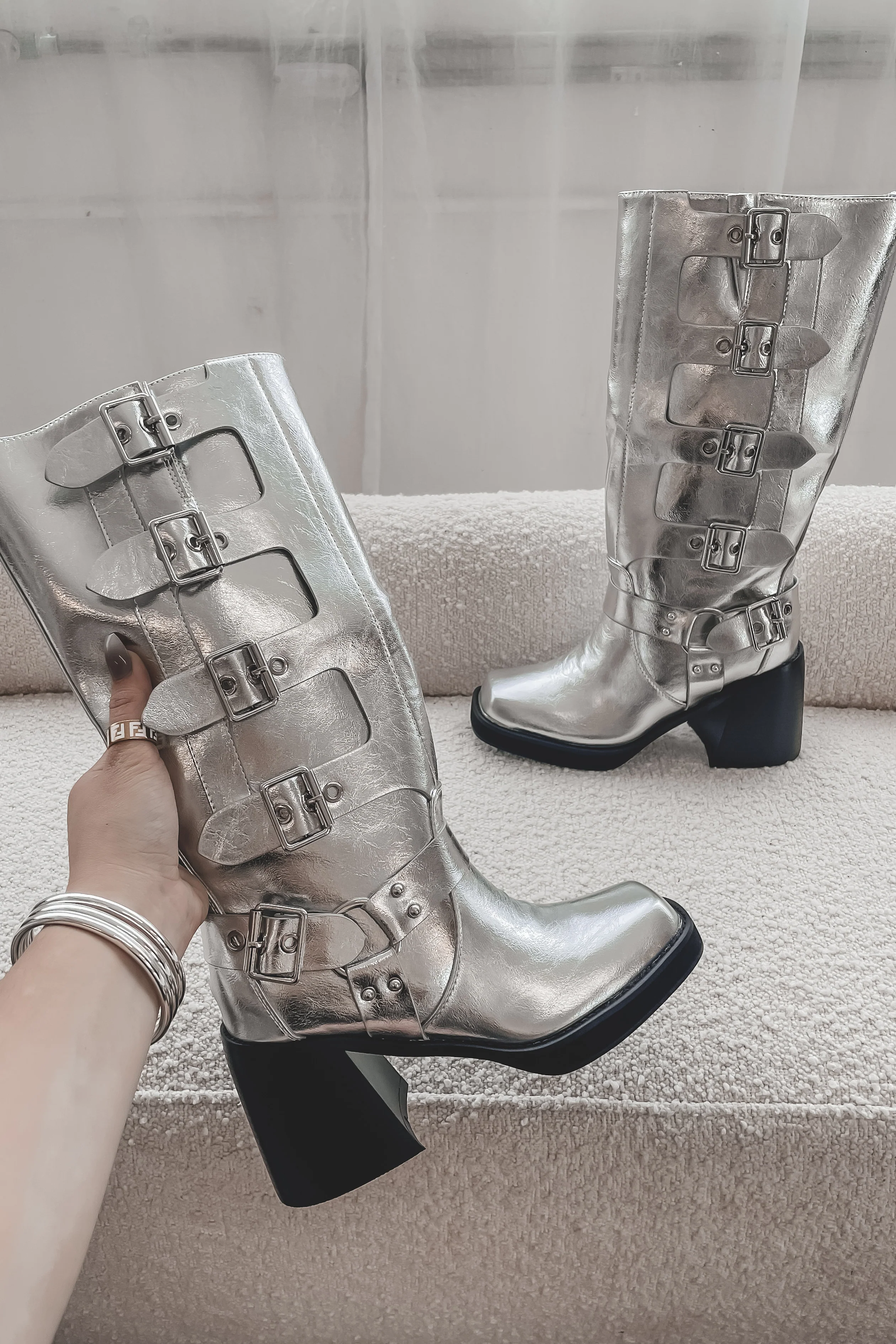 Step Aside Stunner Silver Metallic Moto Boot