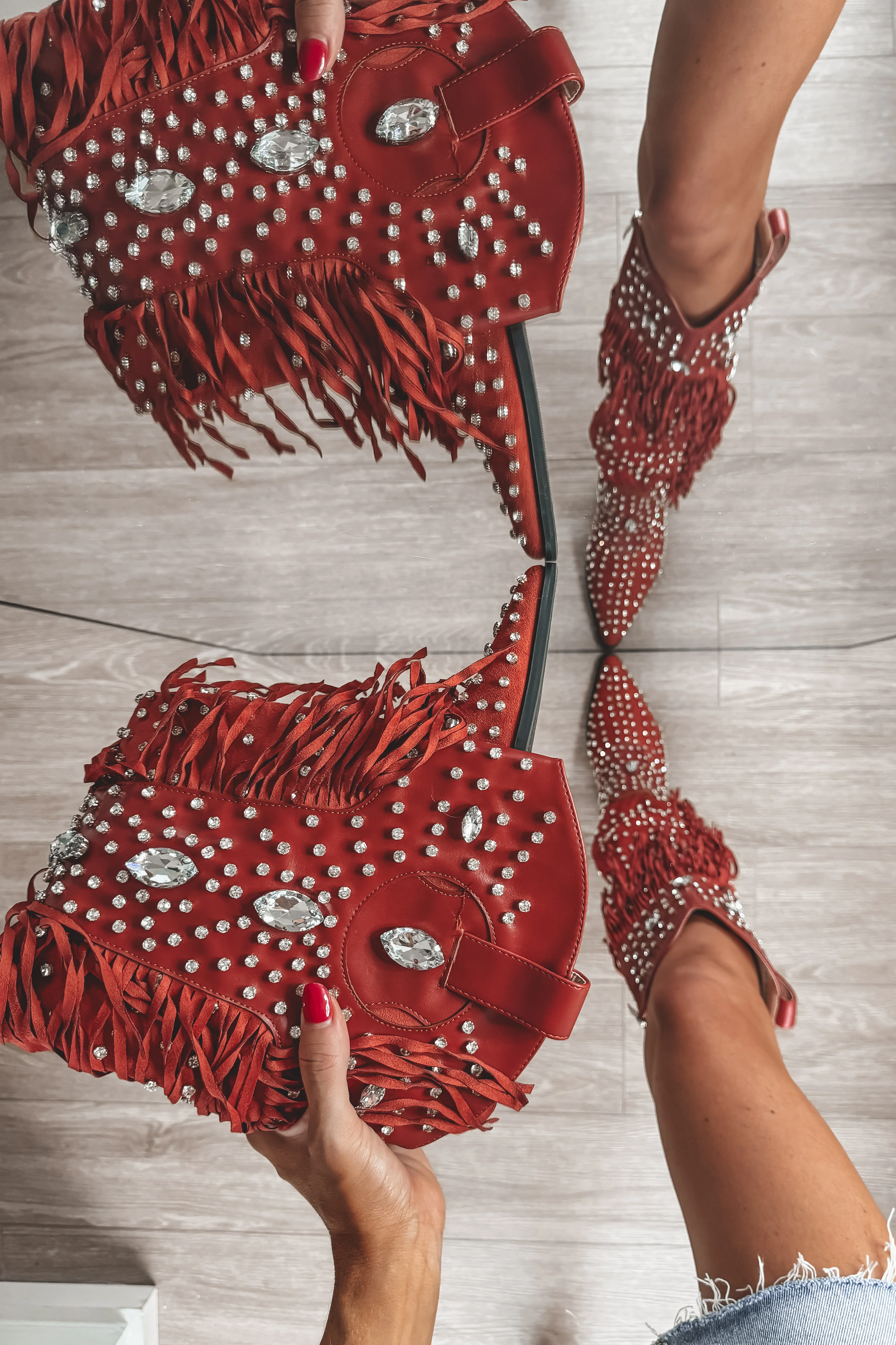Caught You Staring Burnt Red Rhinestone Studded Fringe Western Boots