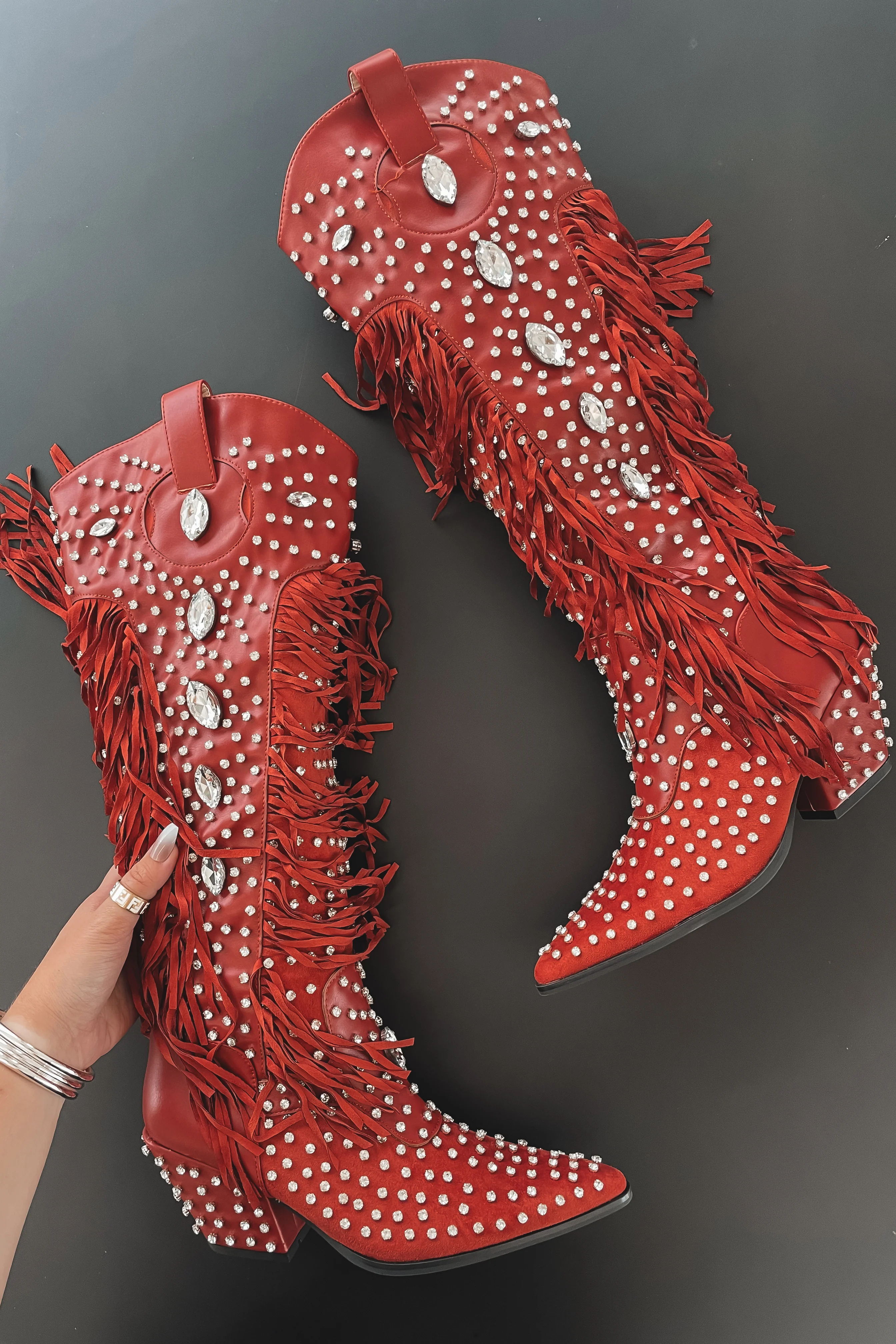 Caught You Staring Burnt Red Rhinestone Studded Fringe Western Boots