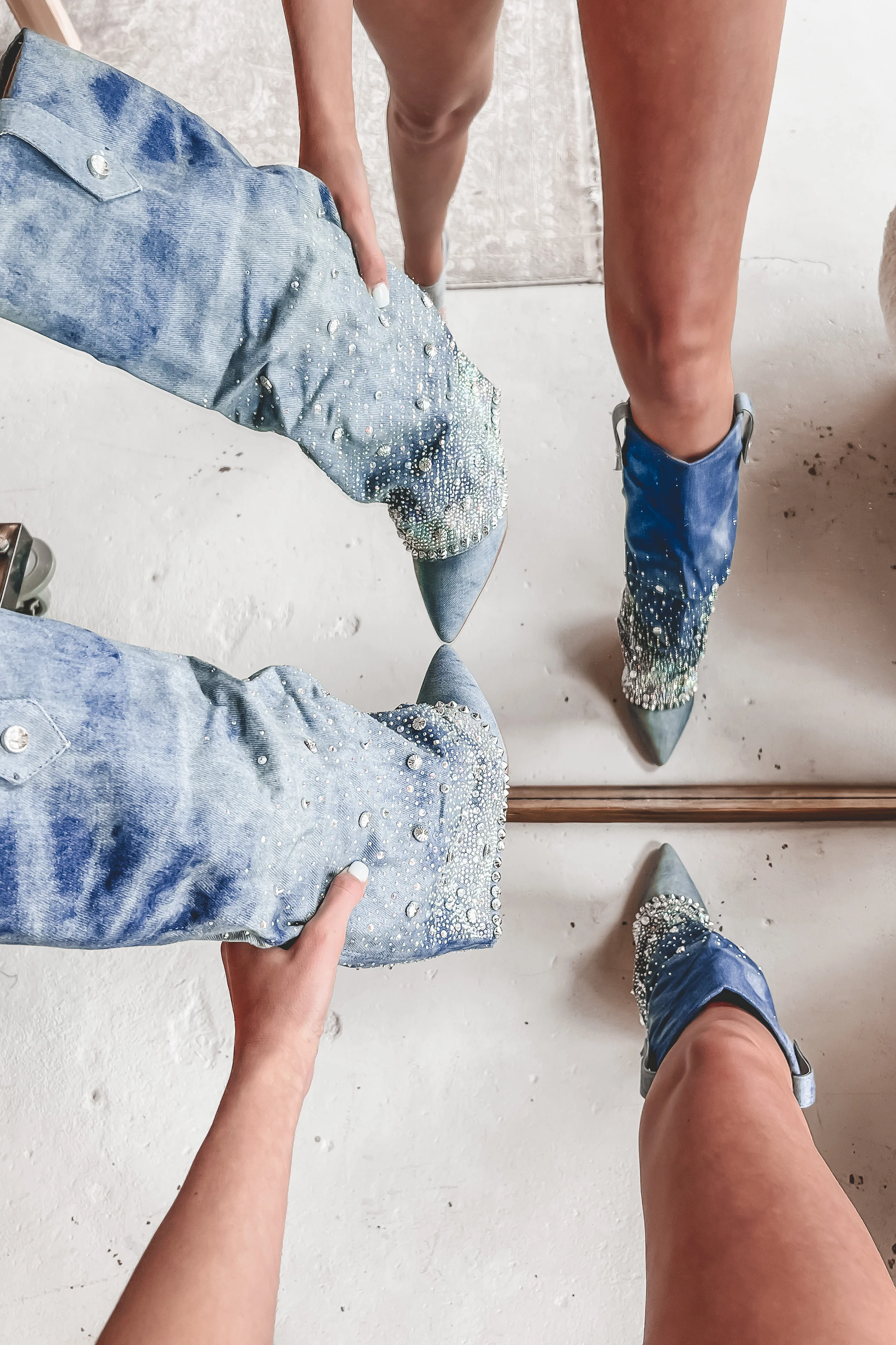 My Western Side Is Sparkling Denim Rhinestone Boots