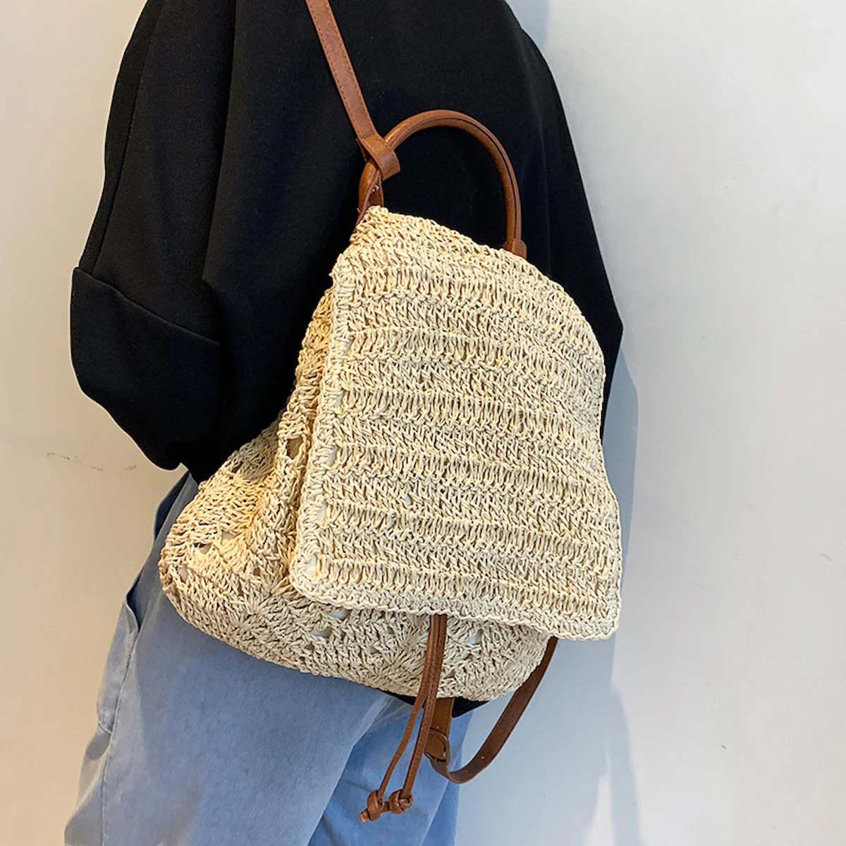 Handbags Straw Backpack with Leather Strap