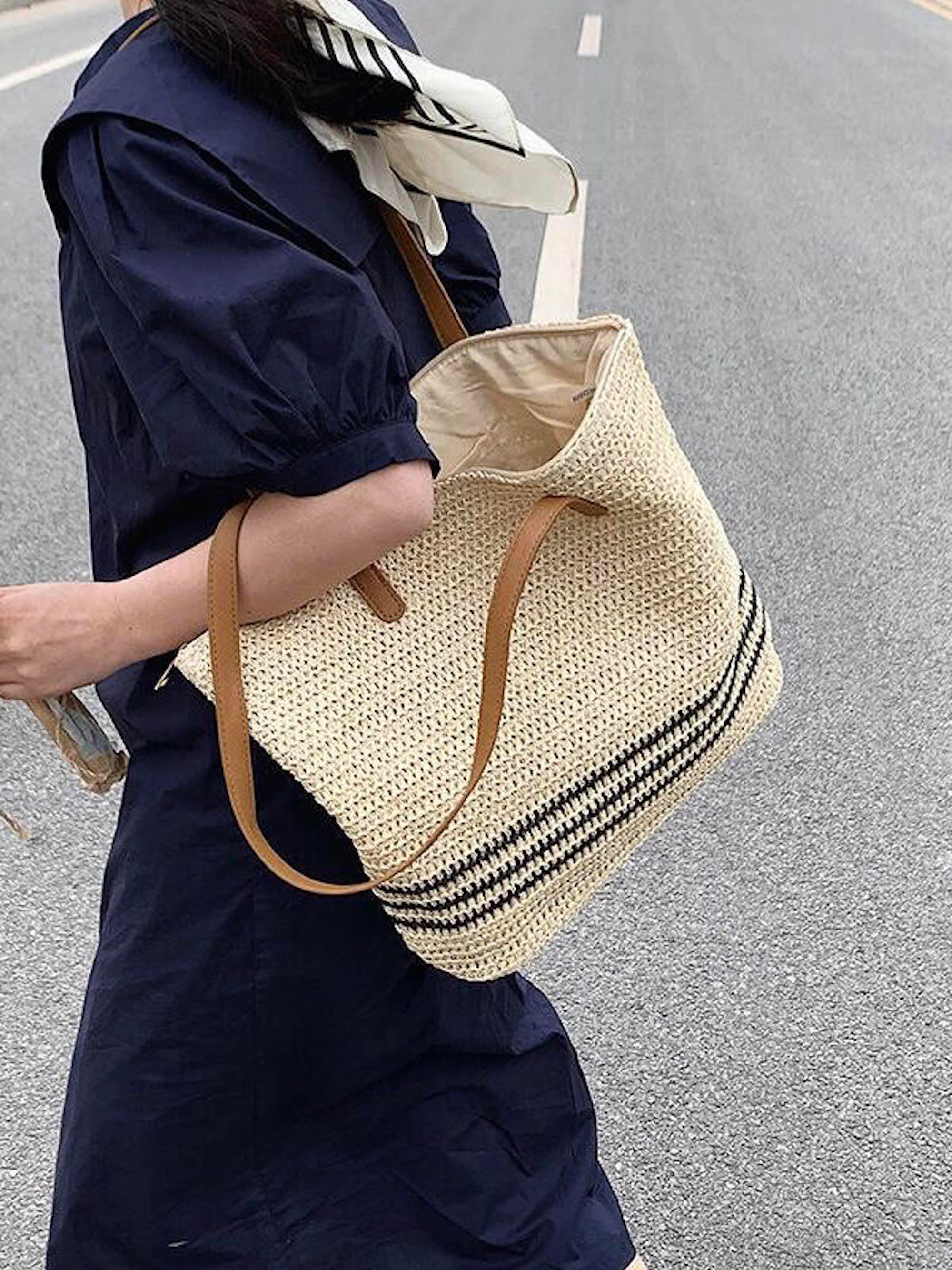 Handbags Striped Large Straw Woven Tote