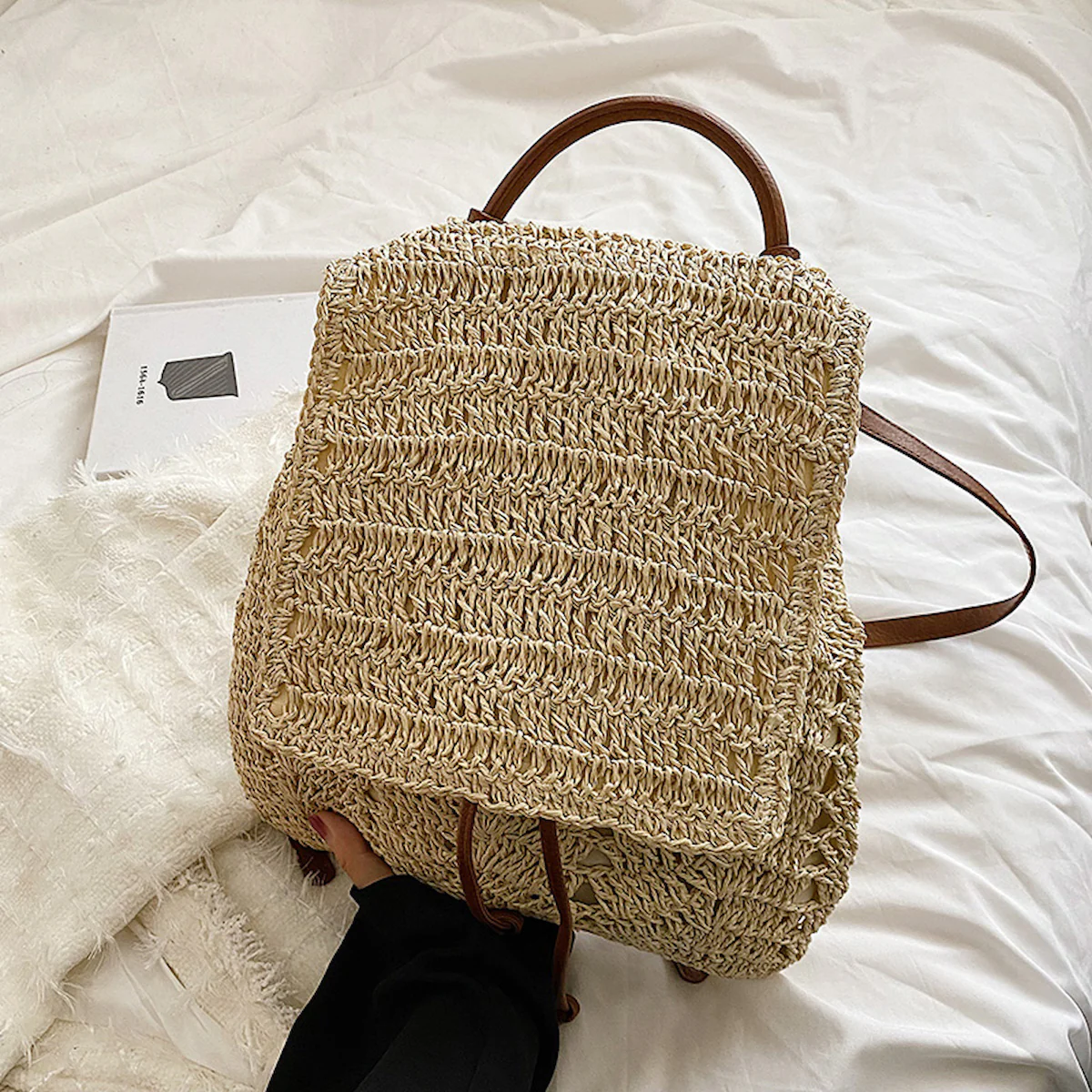 Handbags Straw Backpack with Leather Strap