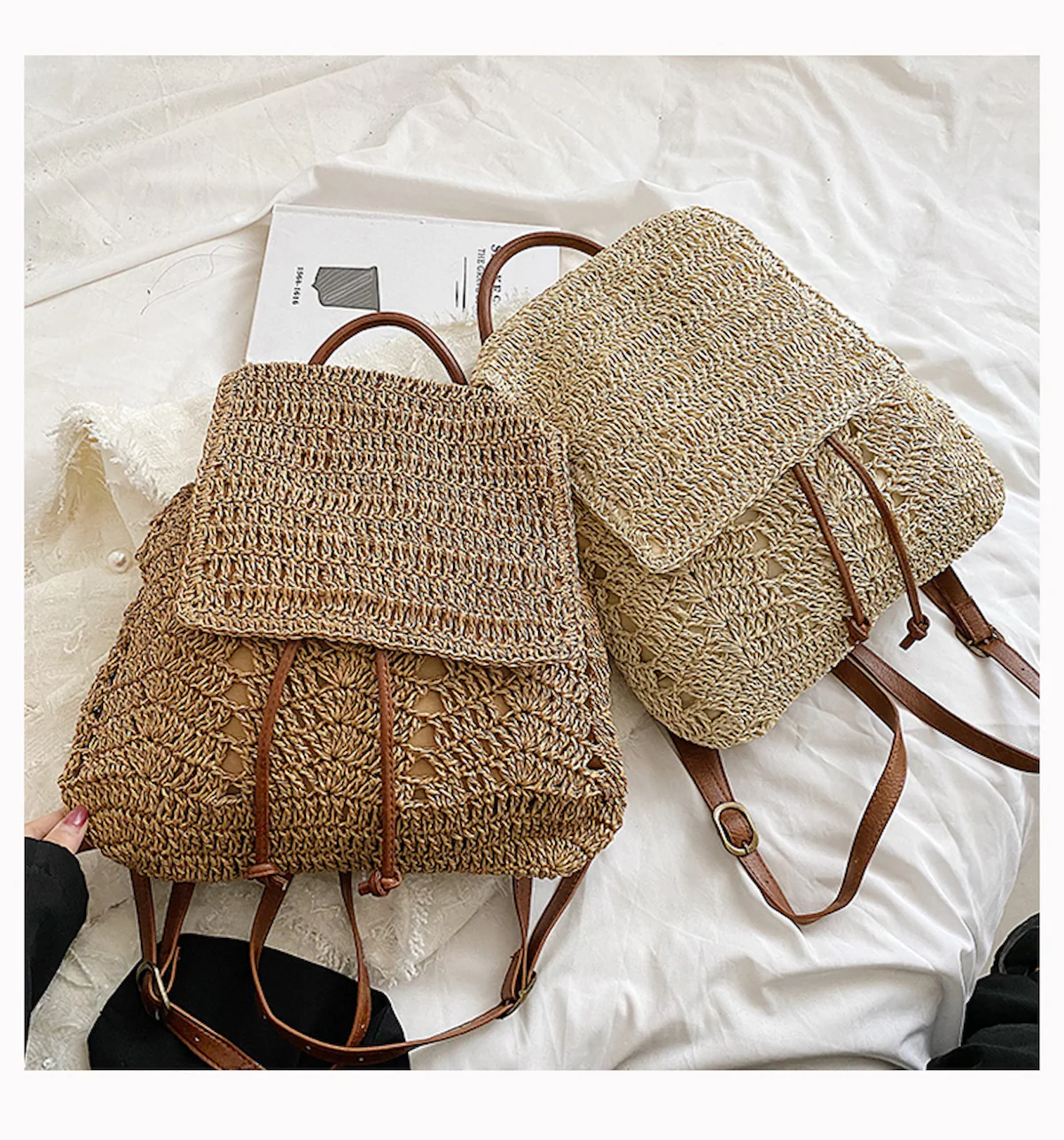 Handbags Straw Backpack with Leather Strap