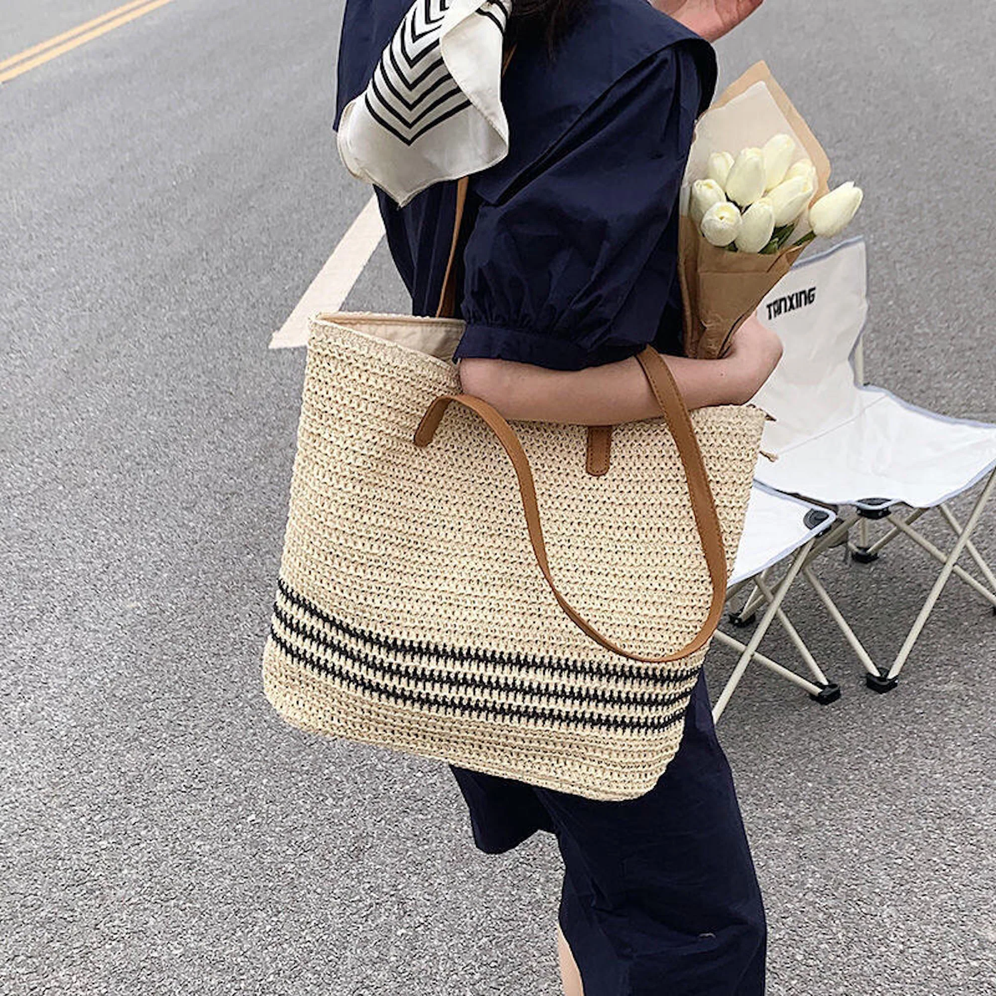 Handbags Striped Large Straw Woven Tote