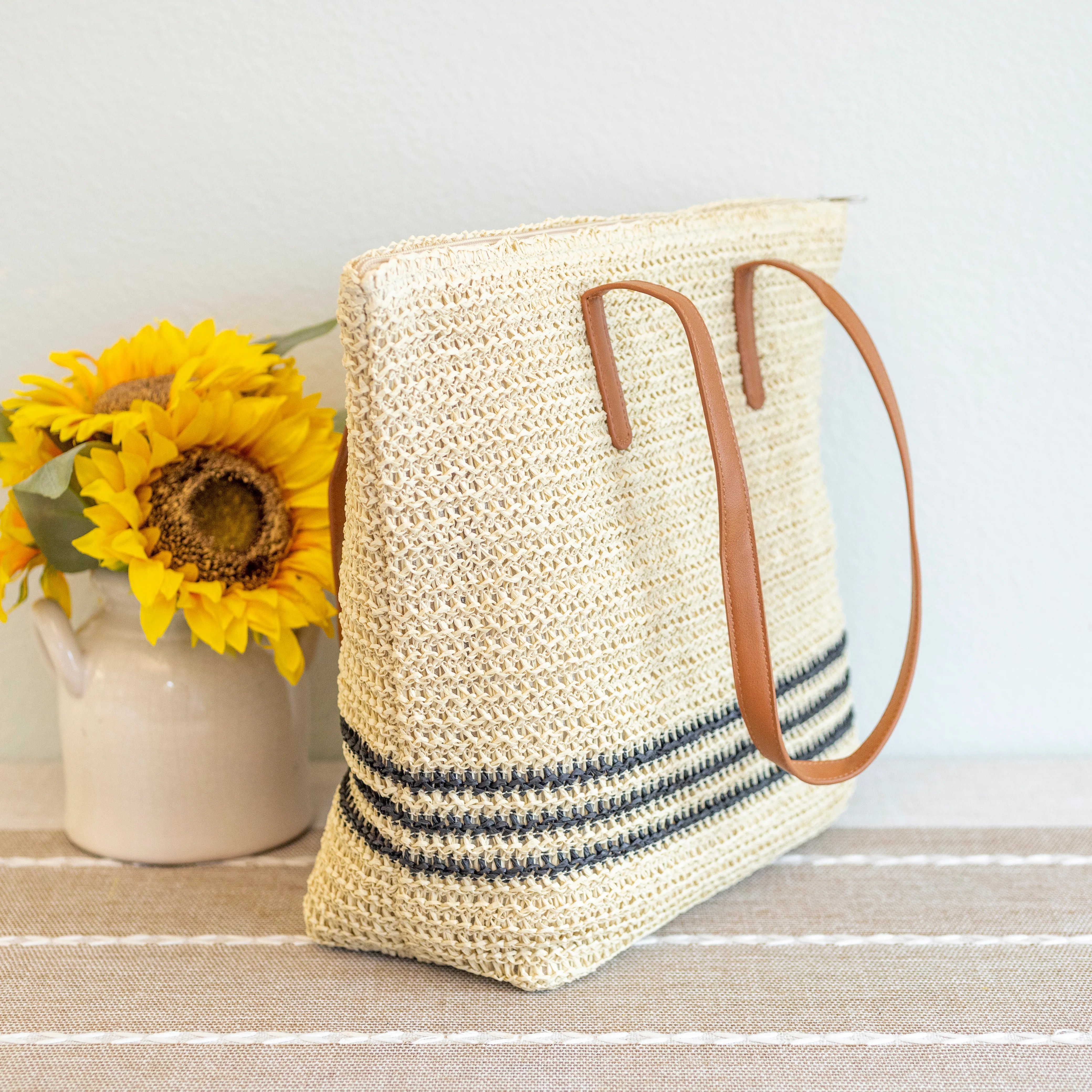 Handbags Striped Large Straw Woven Tote
