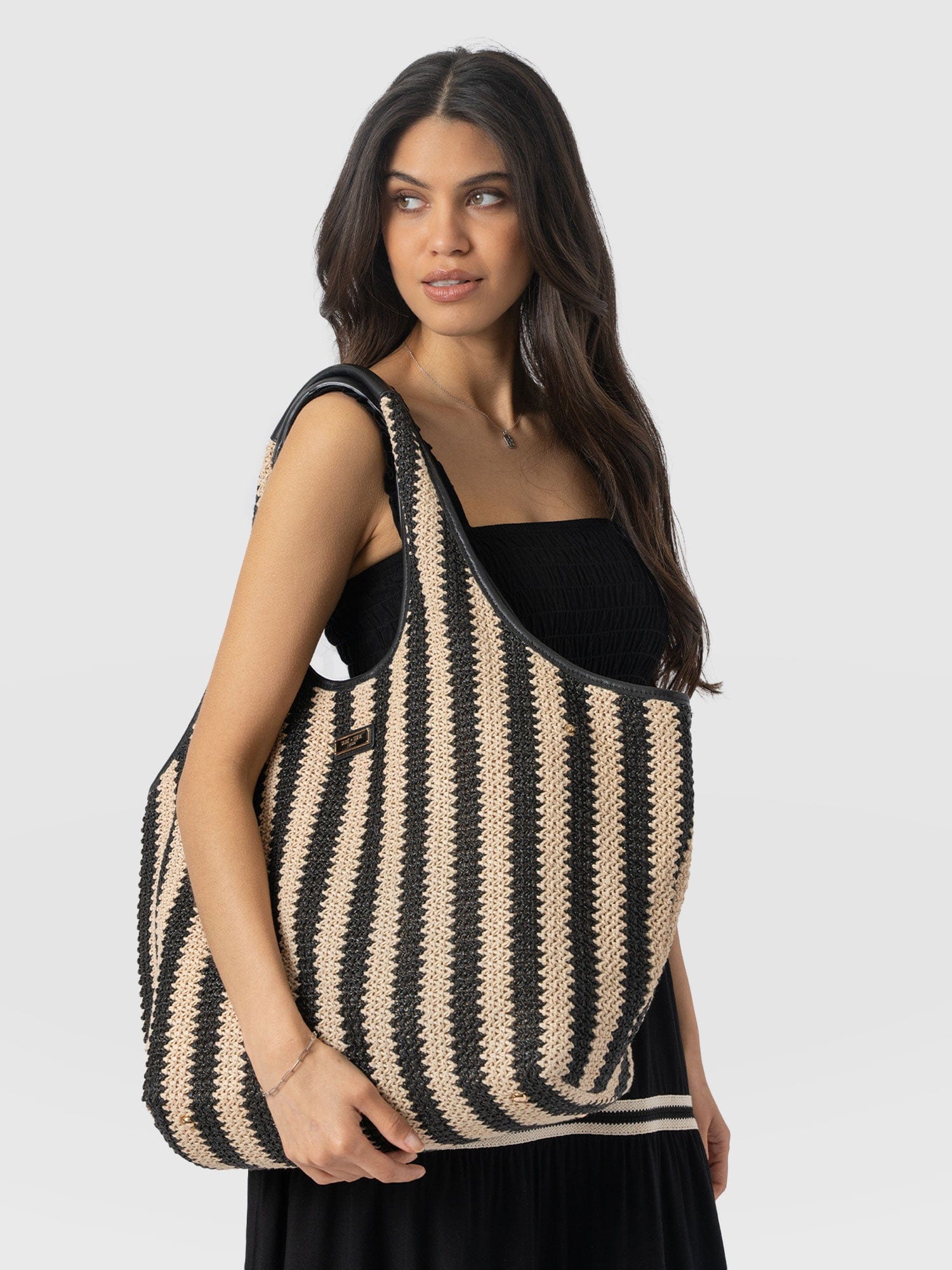 Shoulder Tote Bag - Beige/Black Raffia