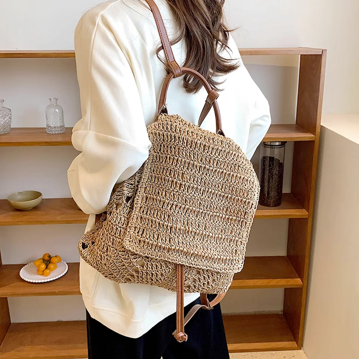 Handbags Straw Backpack with Leather Strap