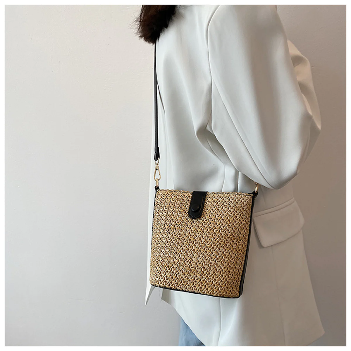 Handbags Crossbody Leather and Straw Bag
