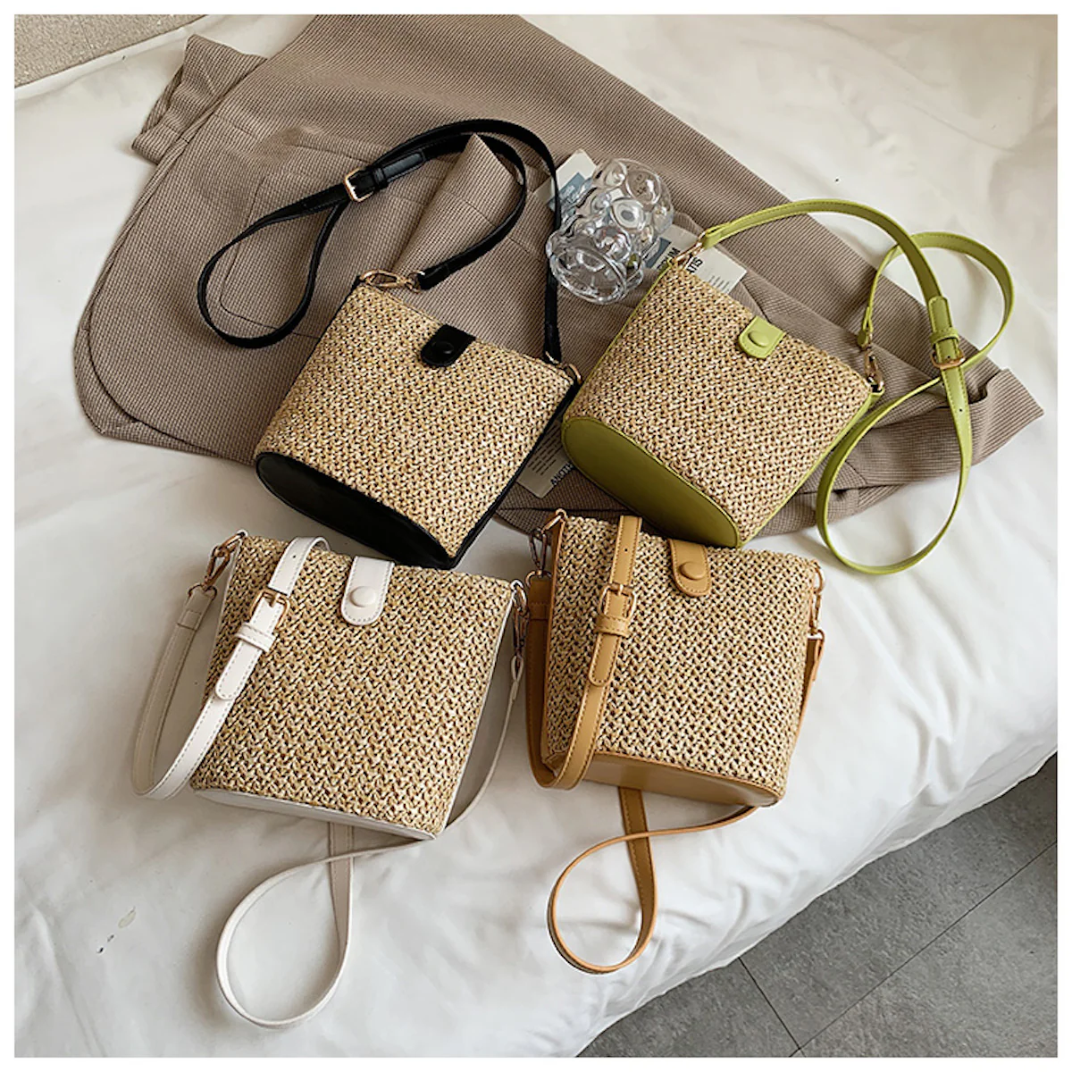 Handbags Crossbody Leather and Straw Bag