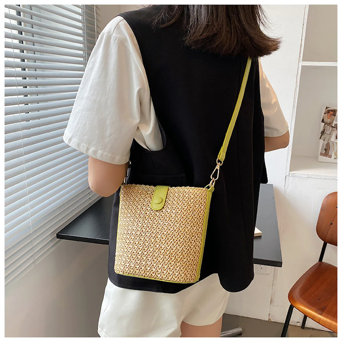 Handbags Crossbody Leather and Straw Bag