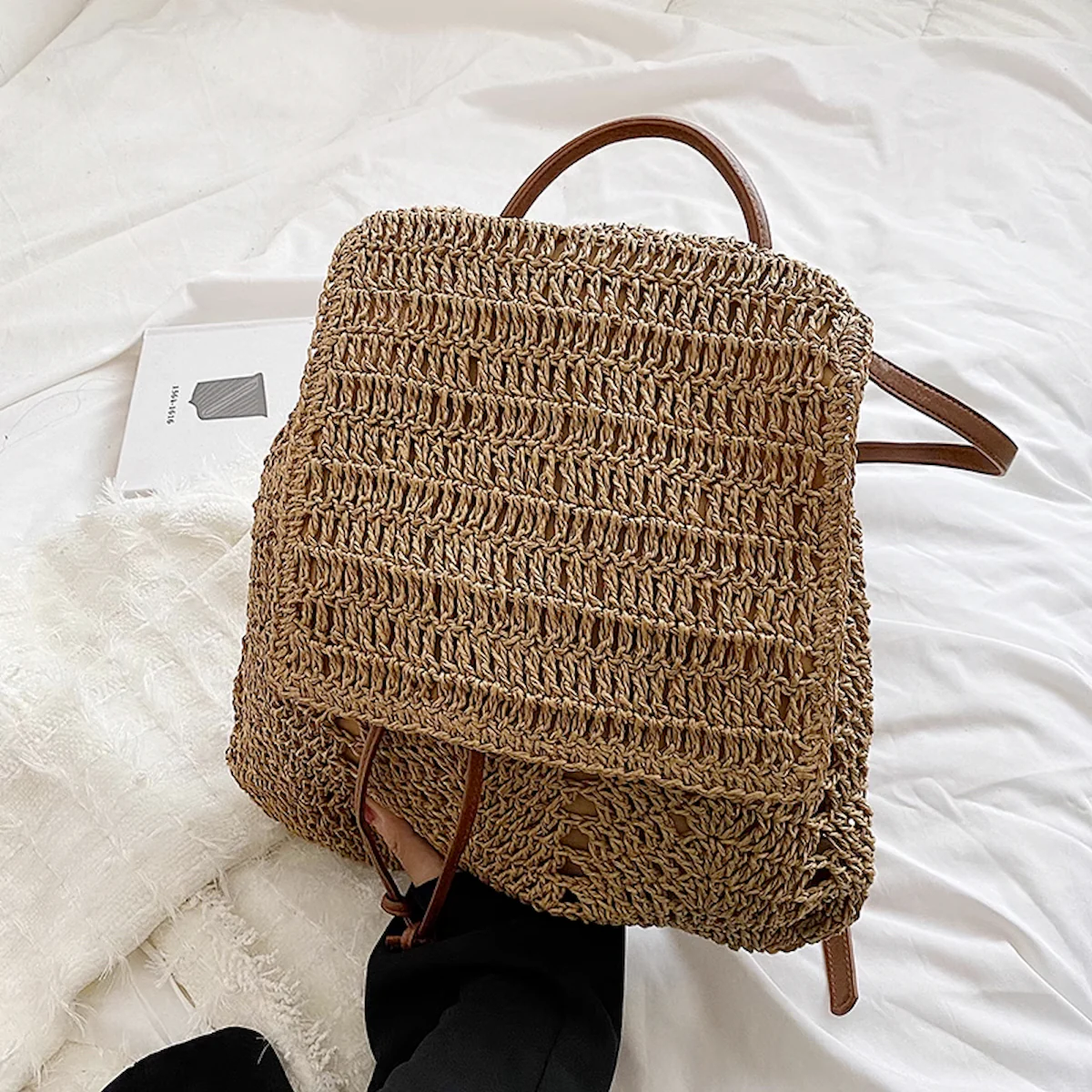 Handbags Straw Backpack with Leather Strap