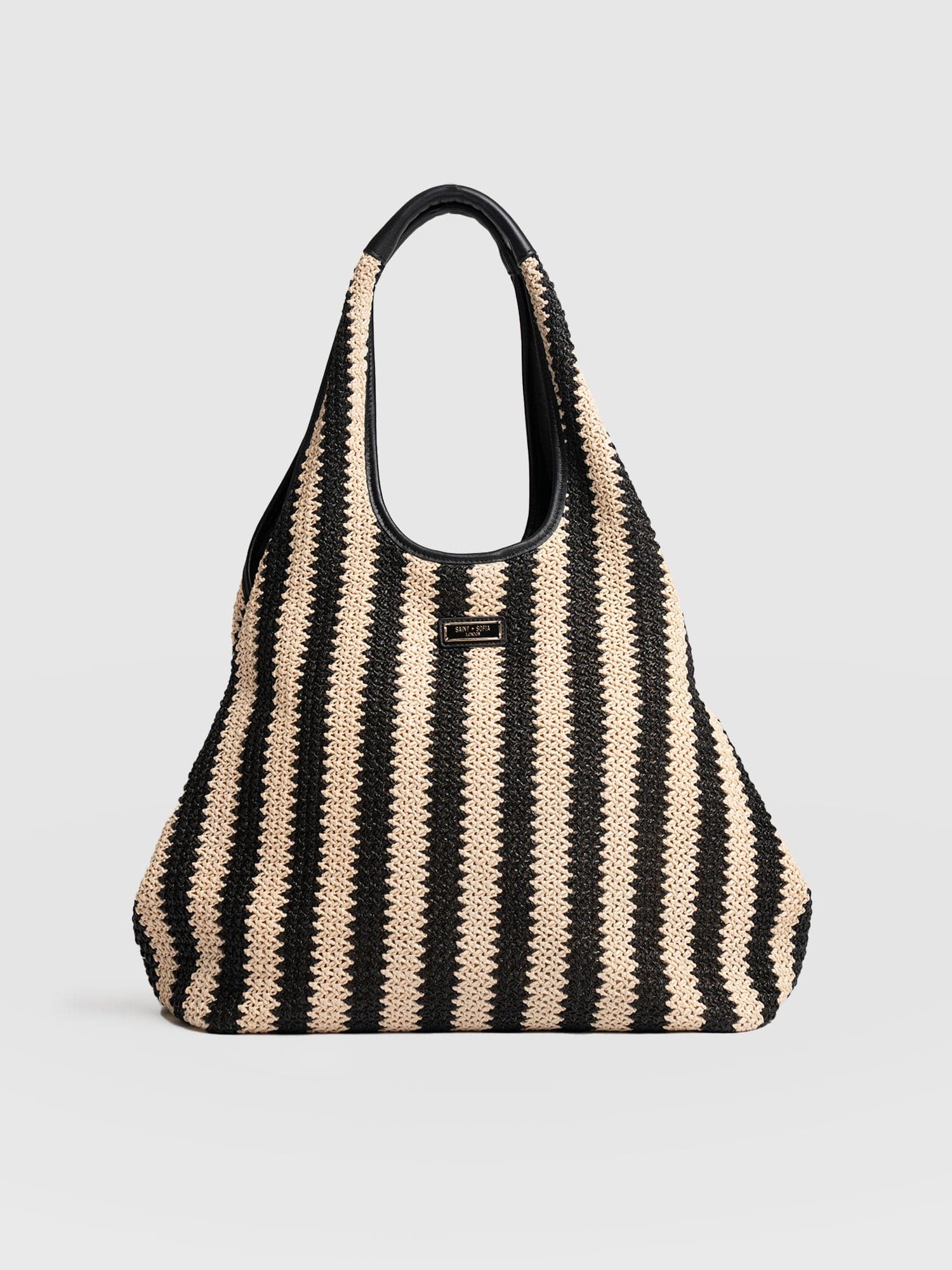 Shoulder Tote Bag - Beige/Black Raffia
