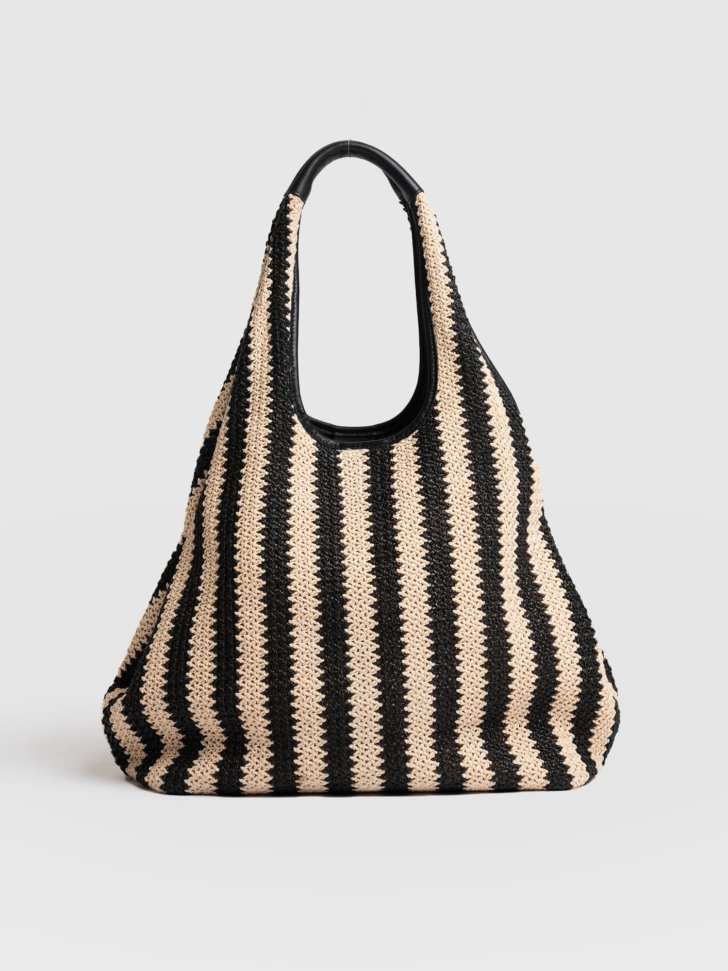 Shoulder Tote Bag - Beige/Black Raffia