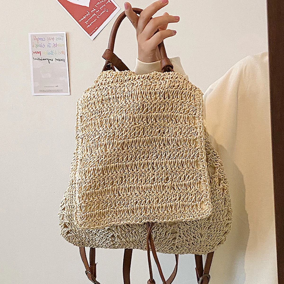Handbags Straw Backpack with Leather Strap
