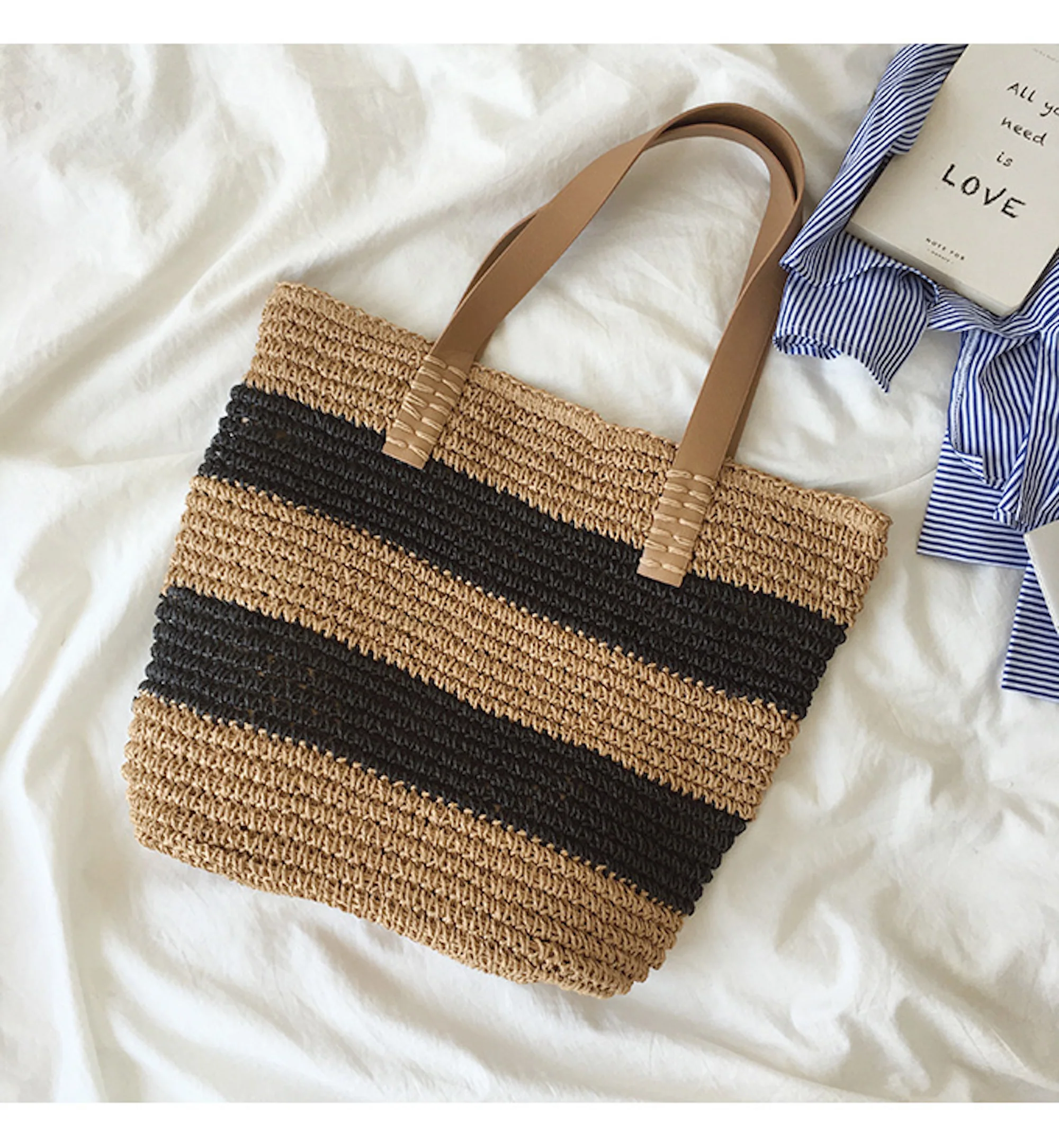 Handbags Striped Straw Woven Tote Bag