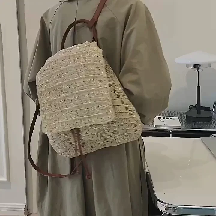 Handbags Straw Backpack with Leather Strap