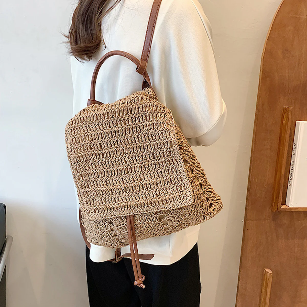 Handbags Straw Backpack with Leather Strap