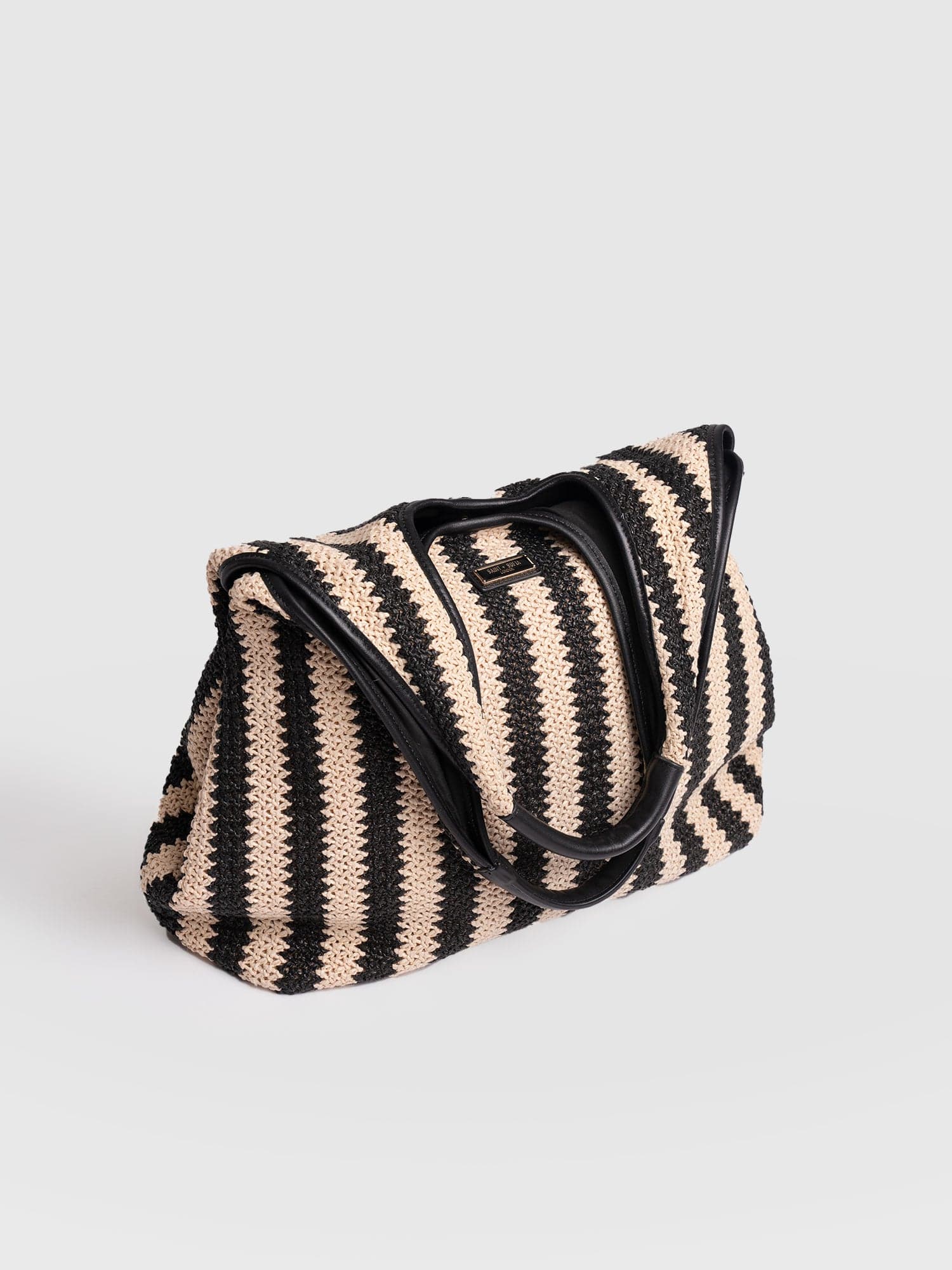 Shoulder Tote Bag - Beige/Black Raffia