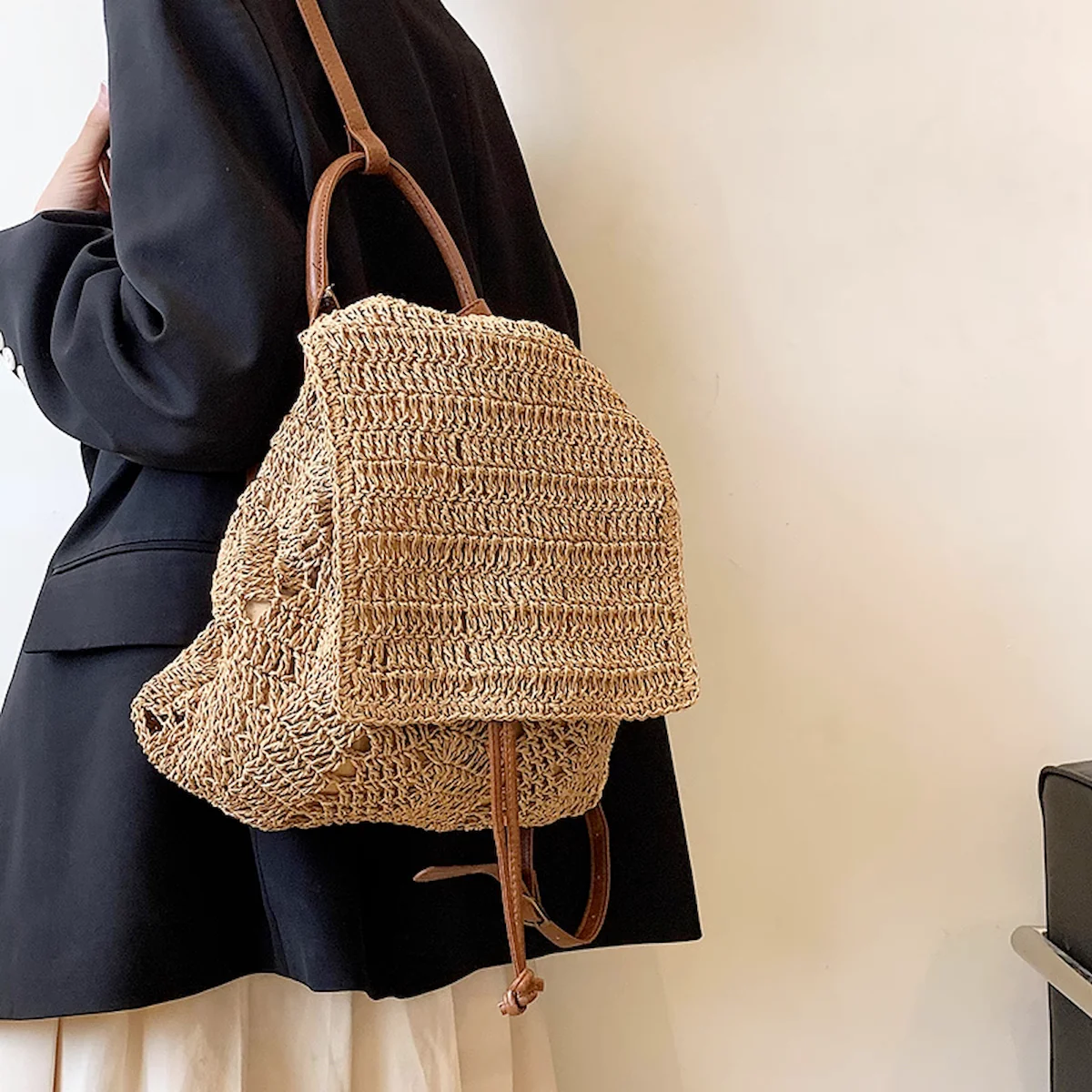 Handbags Straw Backpack with Leather Strap