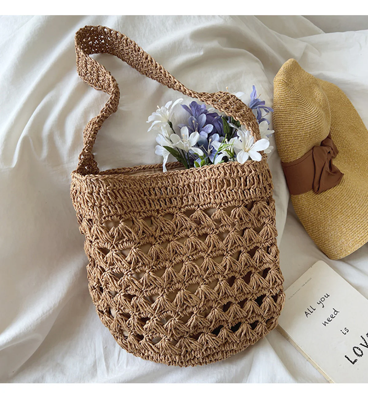 Handbags Patterned Straw Shoulder Bucket Bag