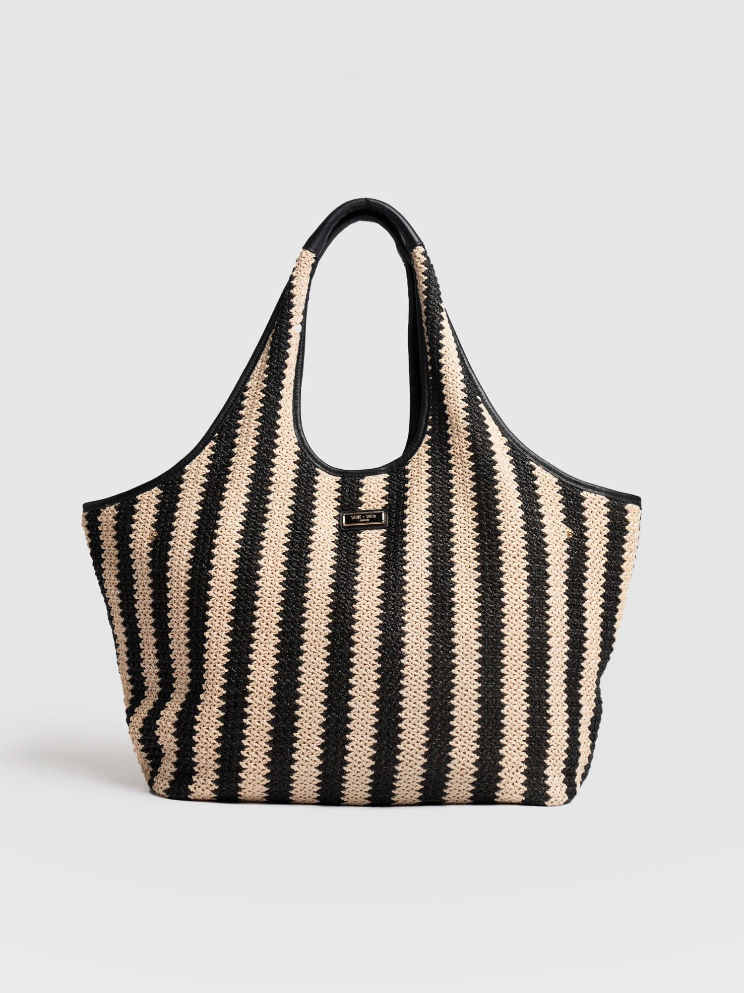Shoulder Tote Bag - Beige/Black Raffia