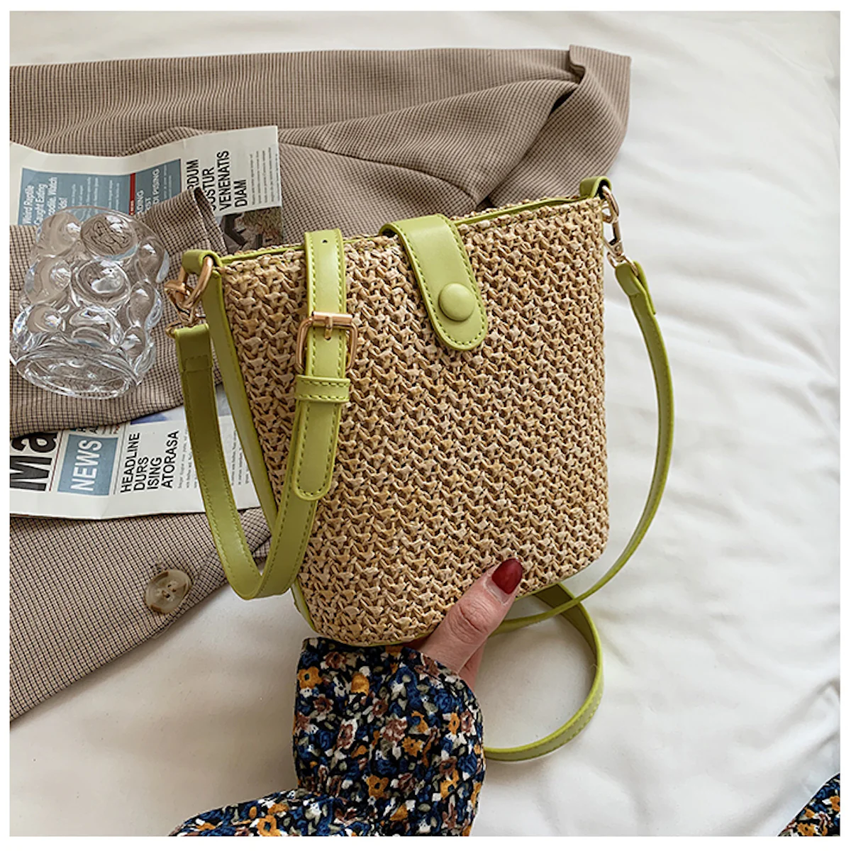 Handbags Crossbody Leather and Straw Bag