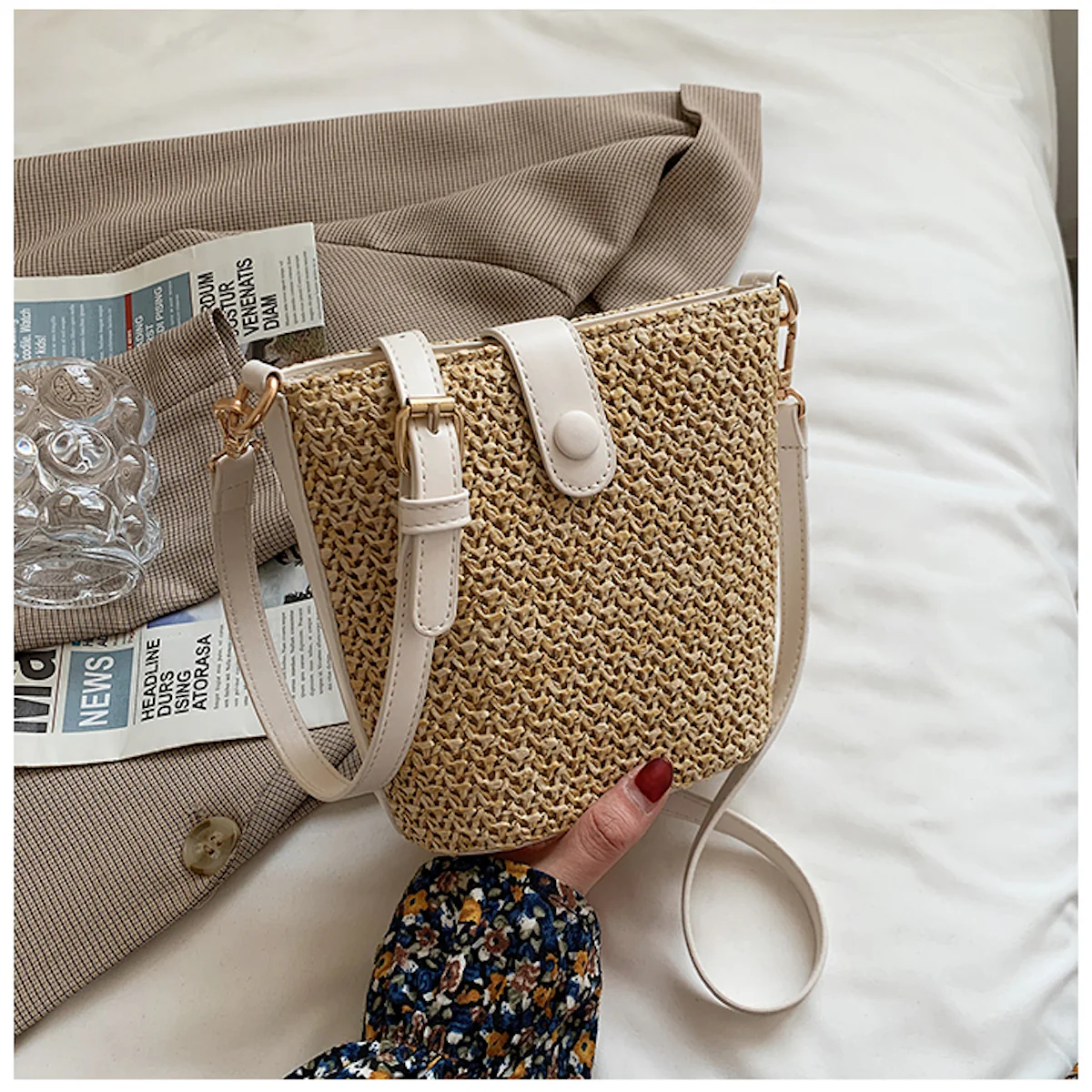 Handbags Crossbody Leather and Straw Bag