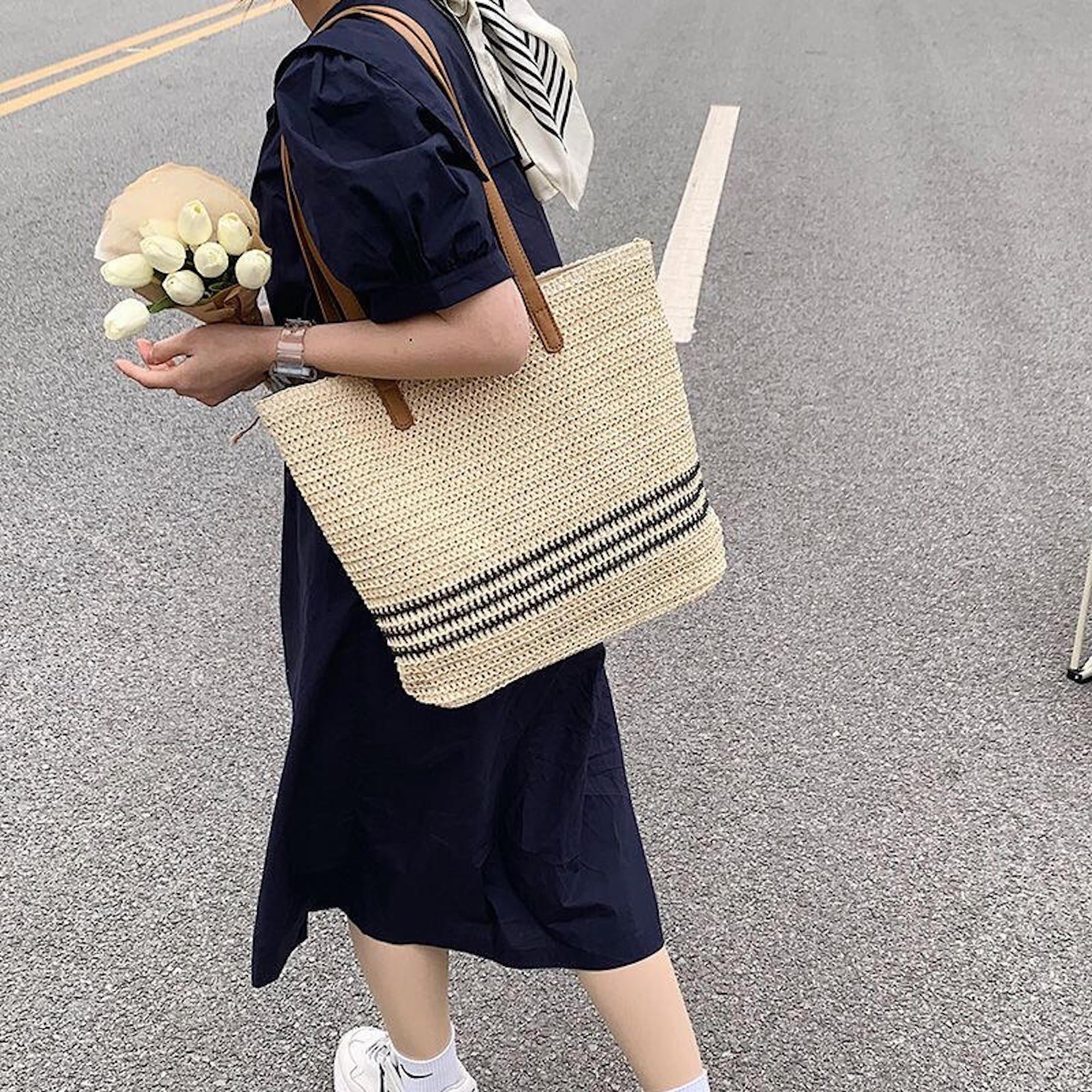 Handbags Striped Large Straw Woven Tote