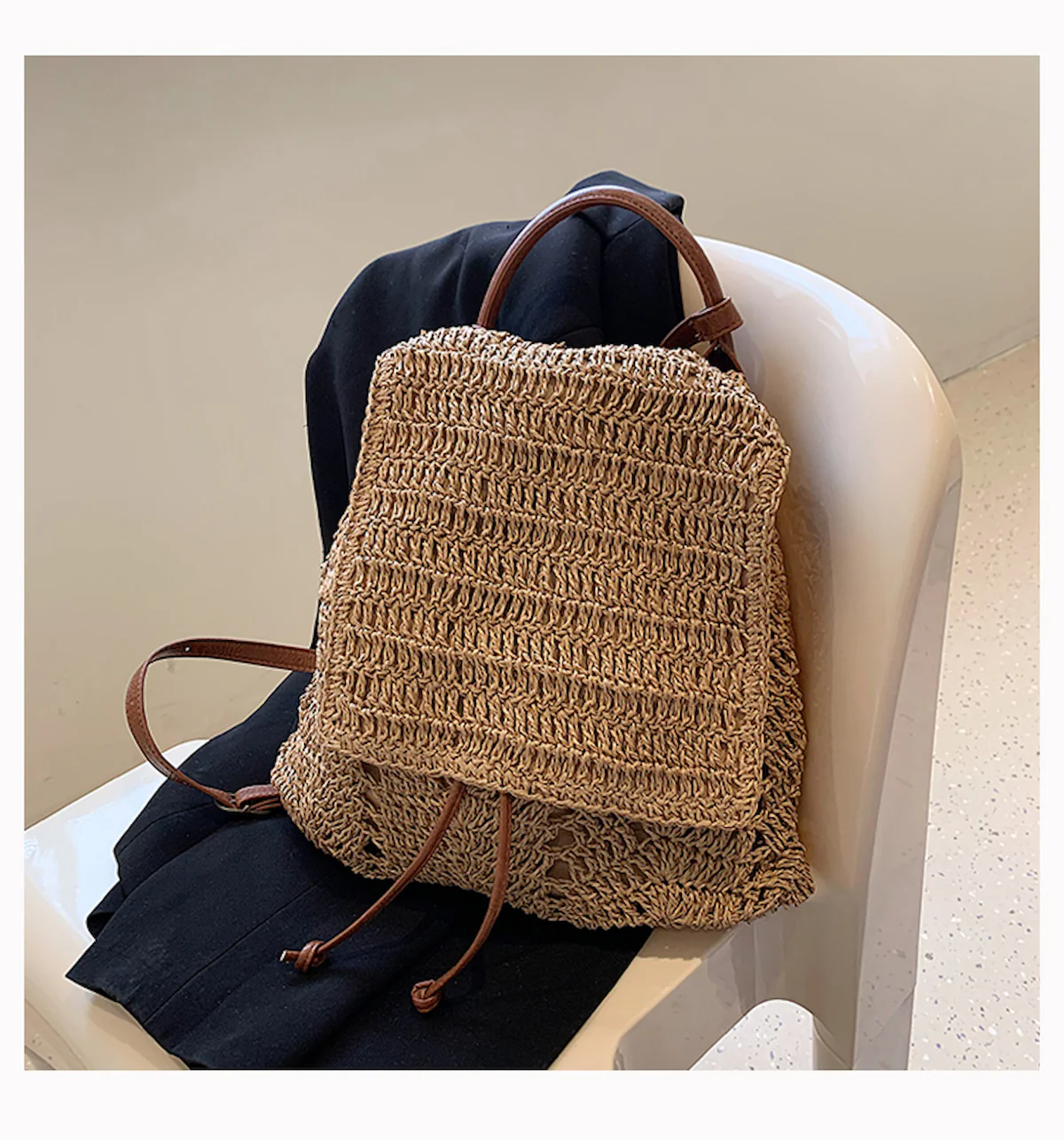 Handbags Straw Backpack with Leather Strap