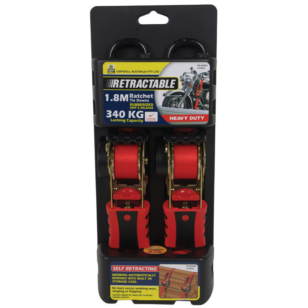 Ratchet Tie Down - Retractable, 1.8m, 340kg, 2 Pack