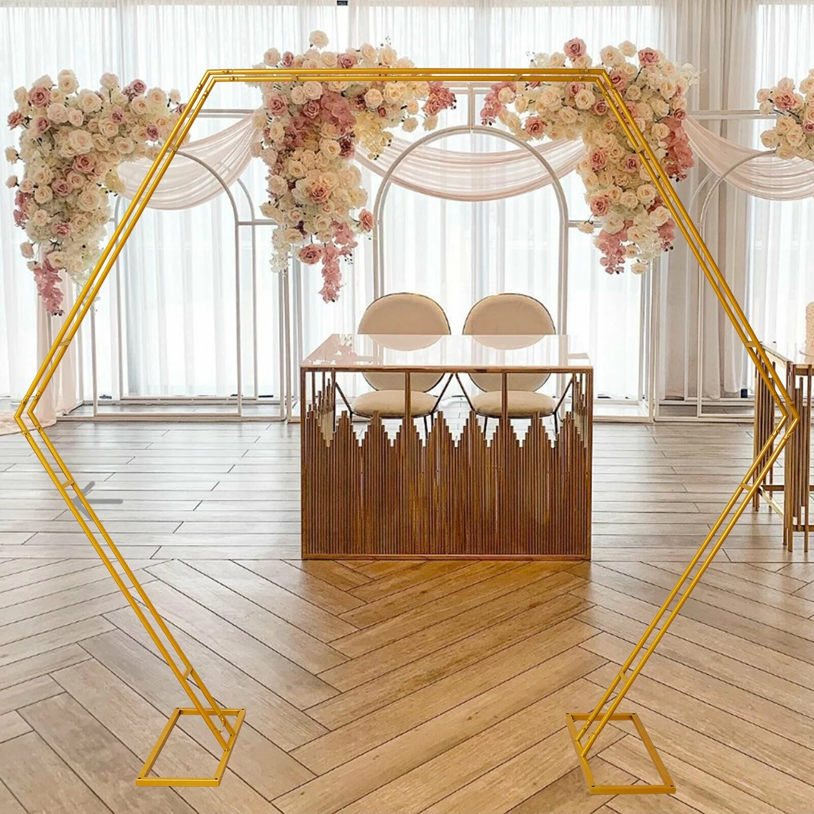 Miumaeov 8ft Gold Hexagon Metal Arbors Photo Booth Decor Wreath Backdrop Stand