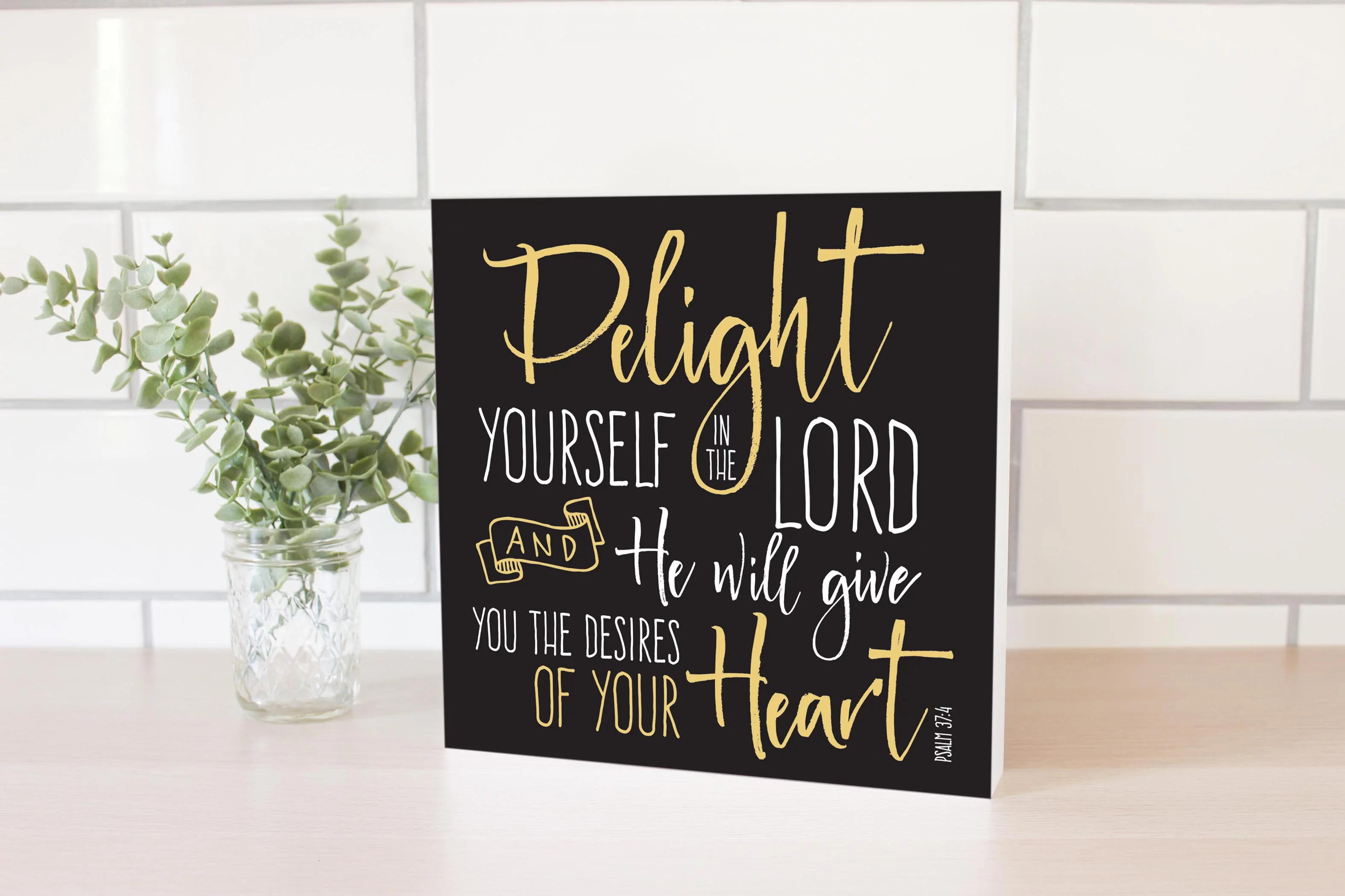 Delight In The Lord Slate Grey Script 10 x 10 Wood Tabletop Sign Plaque