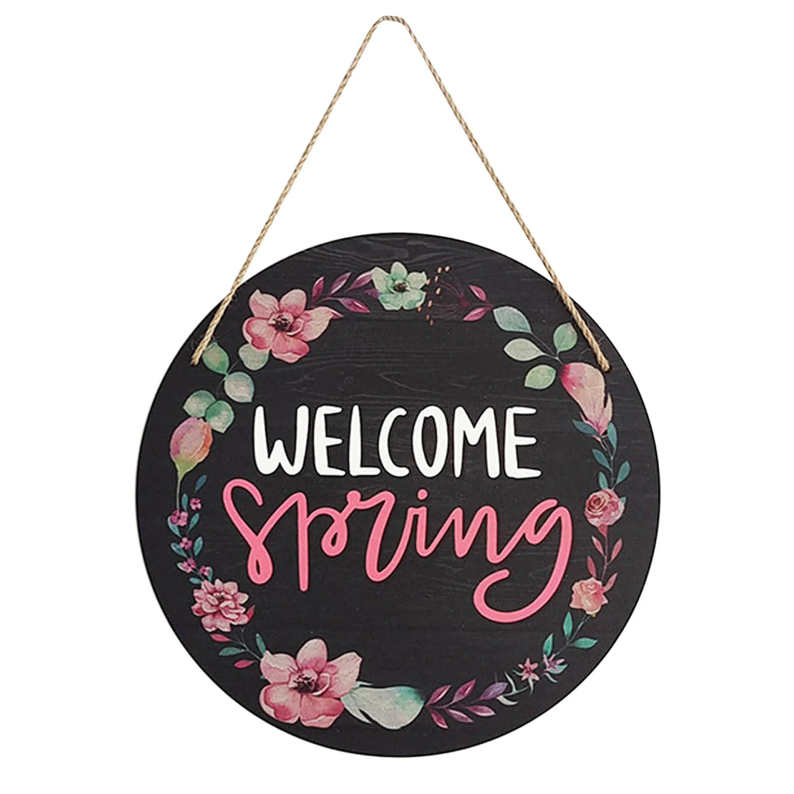 QNFEPKG Spring Garden Wooden Hanging Sign Hello Spring Round Welcome Door Sign Decorative Wood Panel Painting