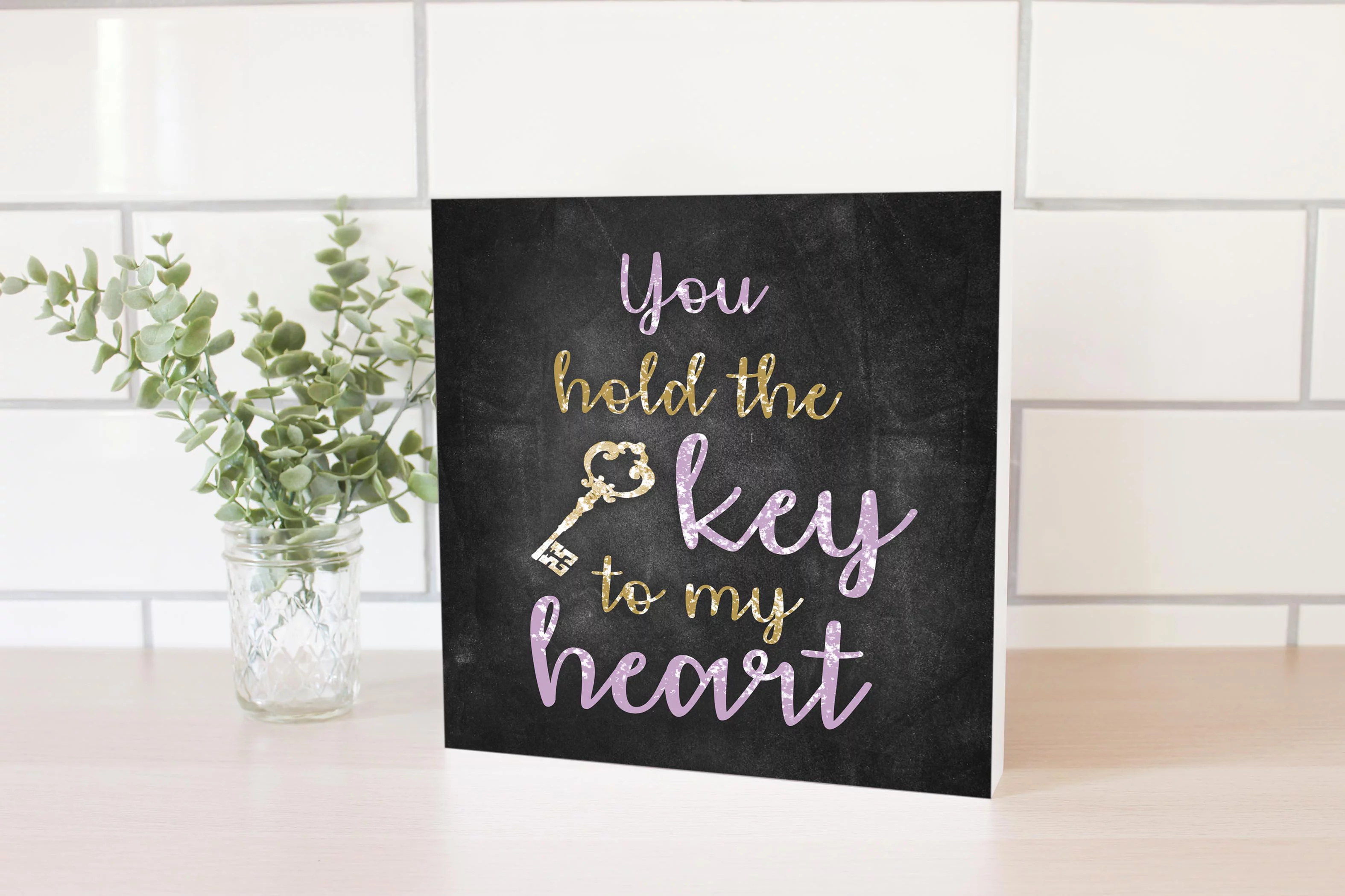 Key To My Heart Slate Grey Golden Key 10 x 10 Wood Tabletop Sign Plaque