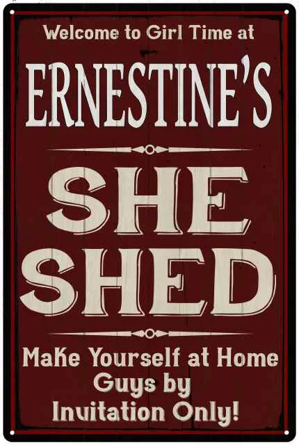 ERNESTINE'S She Shed Red Sign Personalized Lady Cave 8x12 Metal Sign 108120088412