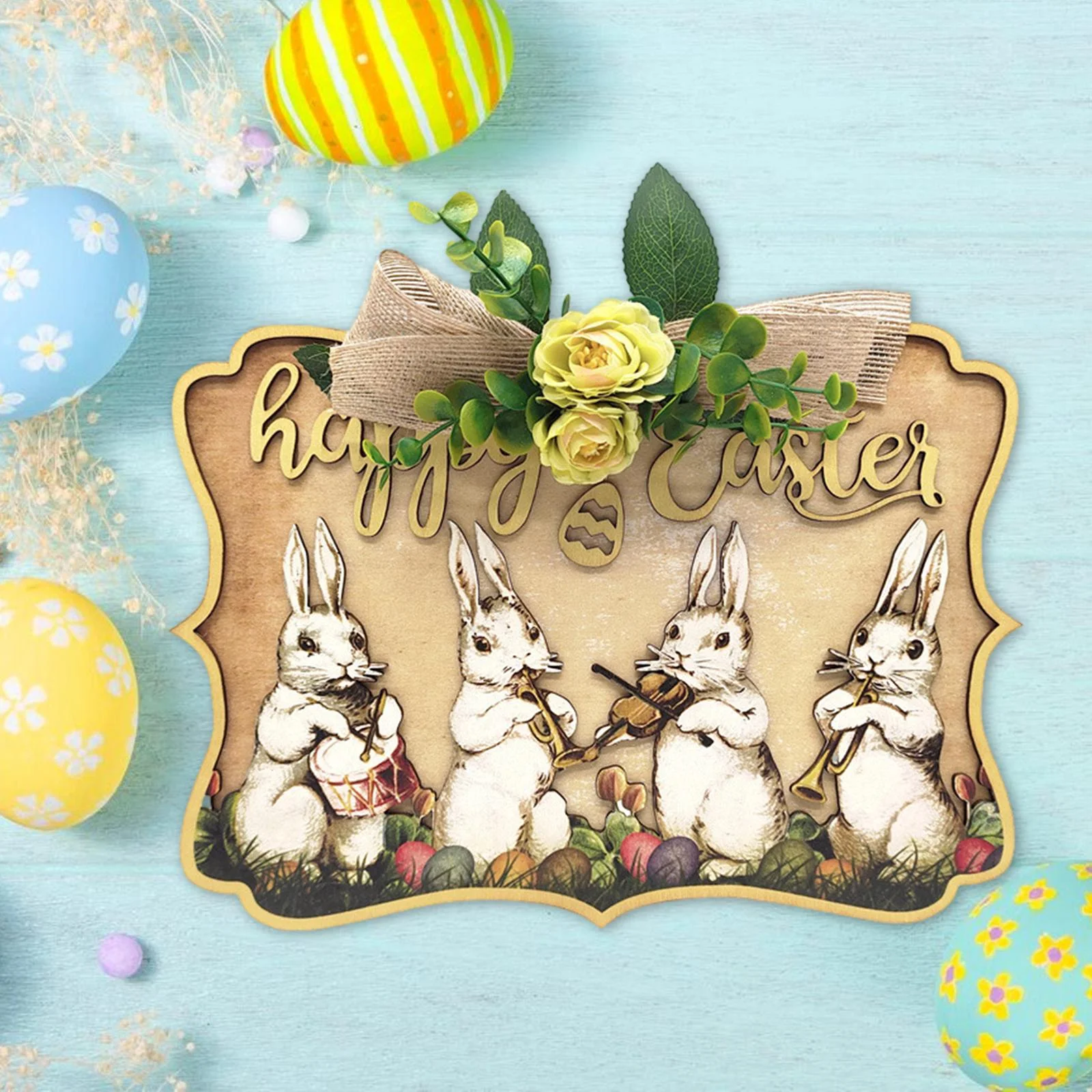 deevoka Easter Bunny Door Sign Easter Decor Easter Rabbit Sign with Sign Plaque A