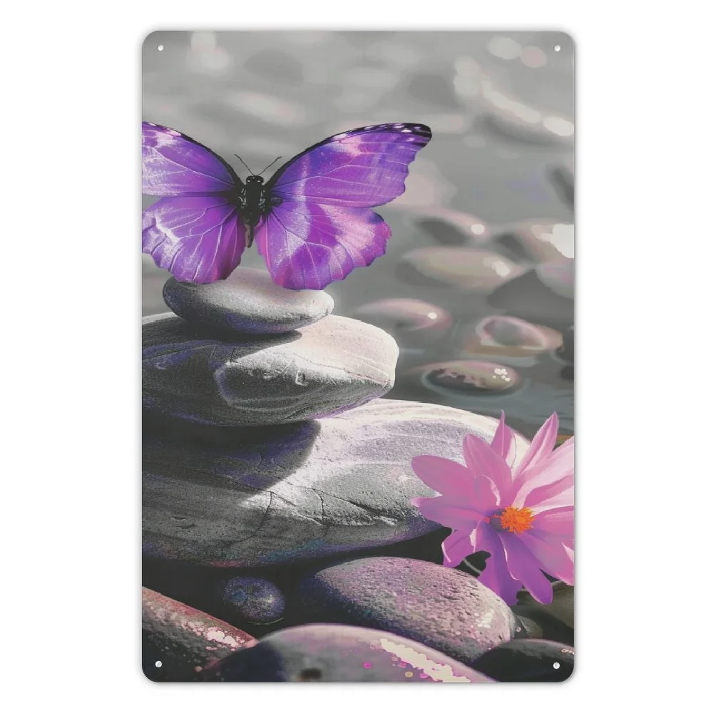 WERPE Zen Stone Sand with Purple Water Lily and Butterfly Metal Plaque 8x12in